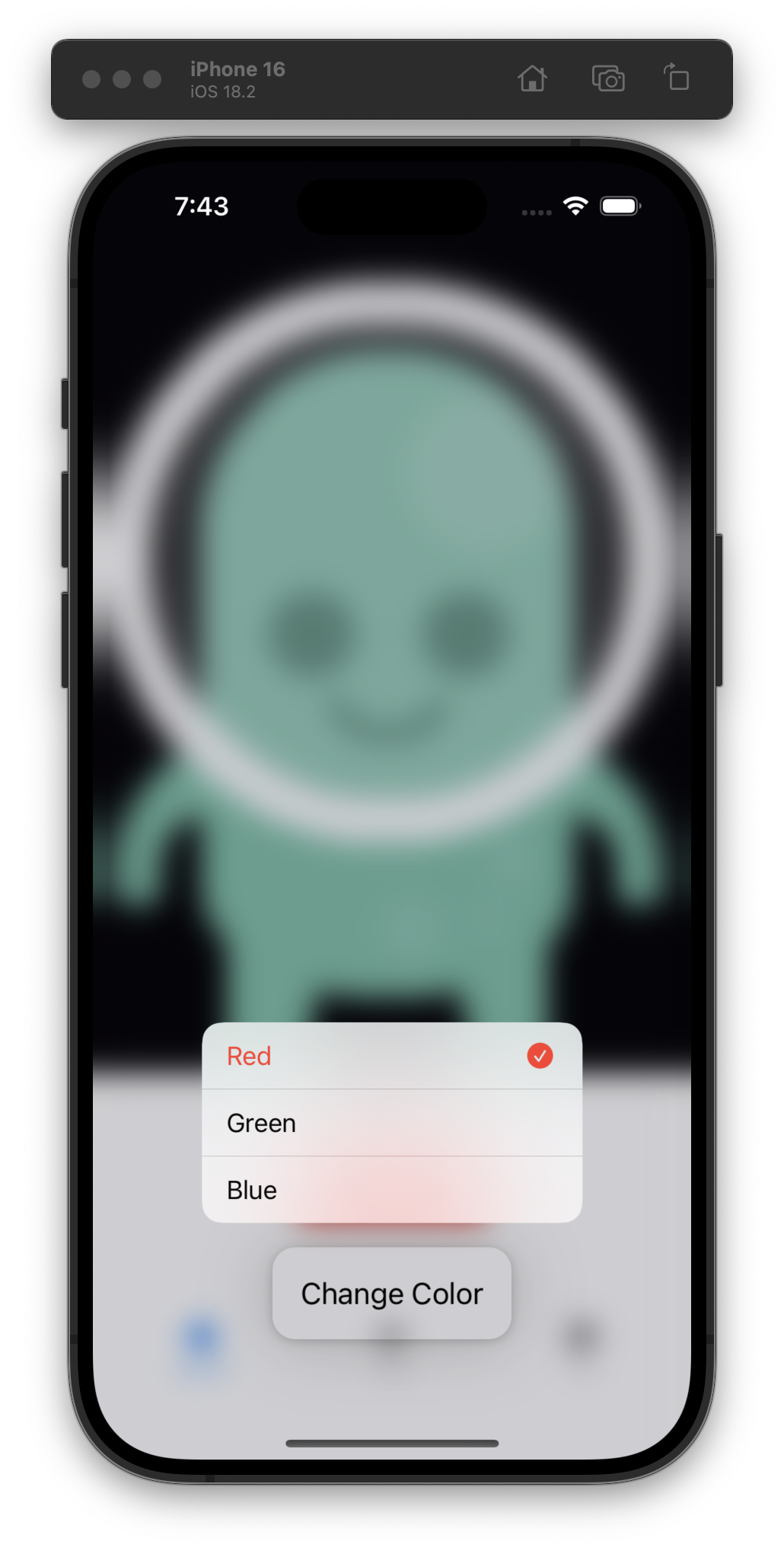 The iOS Simulator shows a color selection menu with Red, Green, and Blue options. Red is highlighted and checked. The context menu comes from a Change Color button. Blurred out in the background is a tab view and a cartoon alien image from the Kenney Platform Art Deluxe bundle.