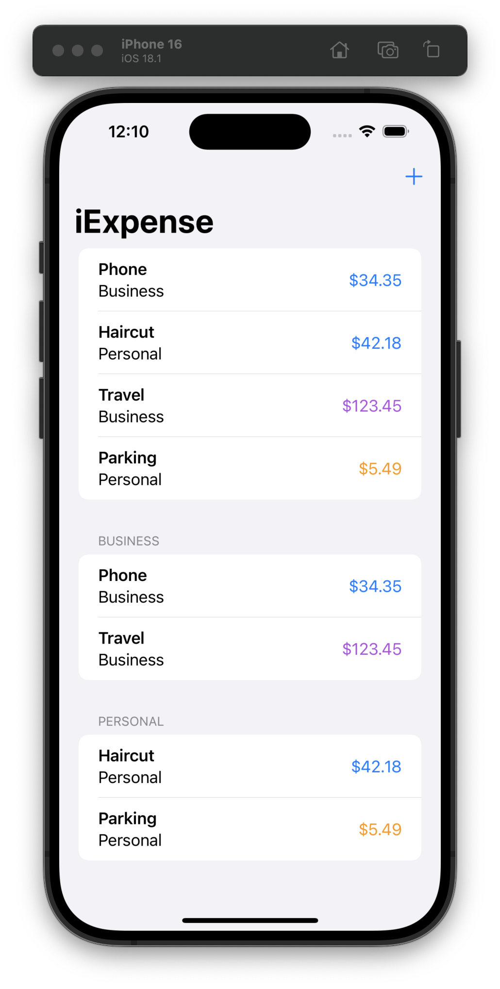 An iOS simulator displays the iExpense app, listing expenses under “Business” and “Personal” categories. Business items include “Phone” and “Travel” with costs in blue and purple. Personal items are “Haircut” and “Parking” with costs in blue and orange.