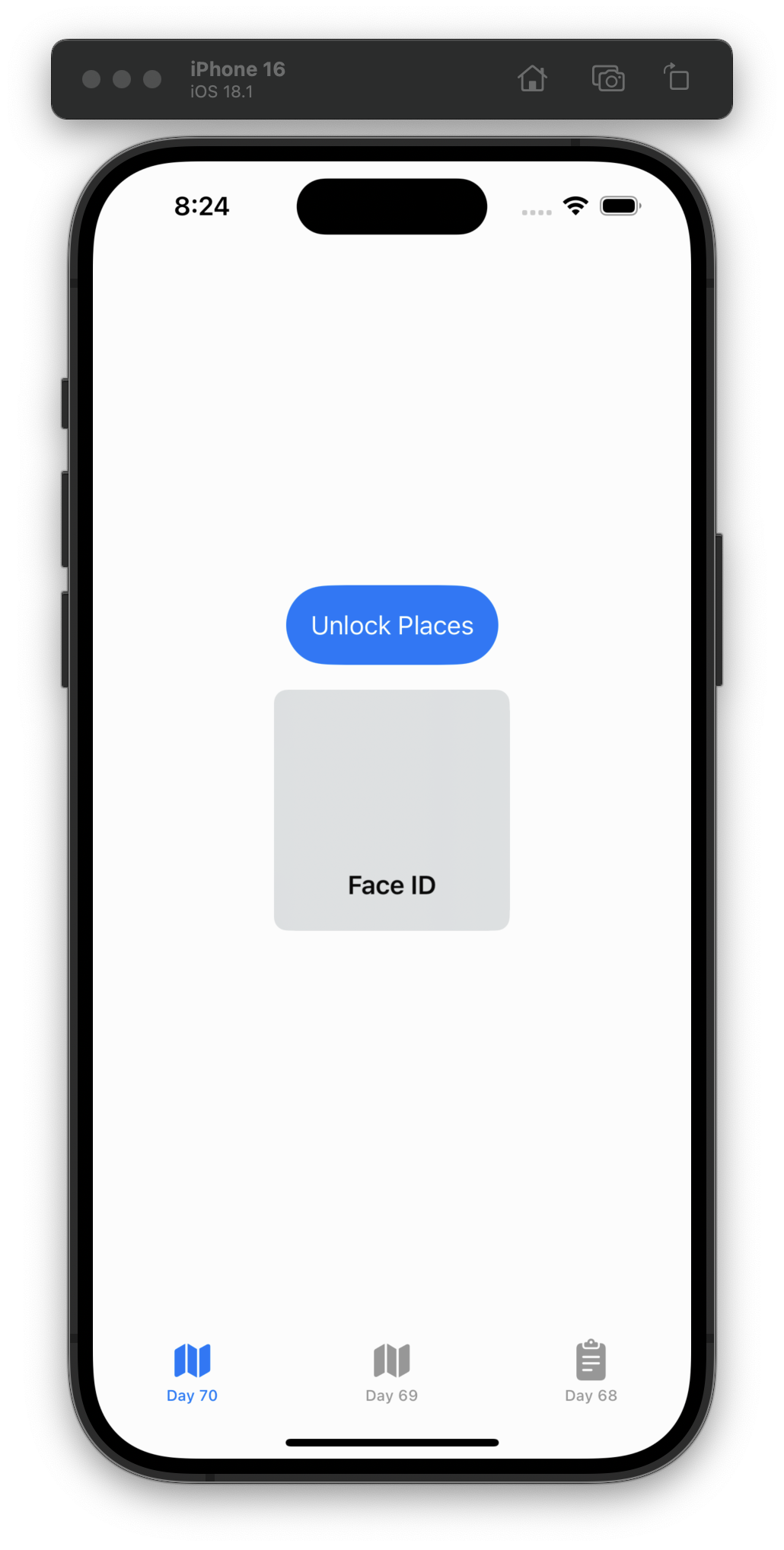 The iOS Simulator displays a view with a blue button labeled “Unlock Places” and the FaceID interface is shown above the view, indicating it’s being used to unlock the view. The bottom tab bar shows “Day 70” selected in blue and “Day 69” and “Day 68” inactive in gray.