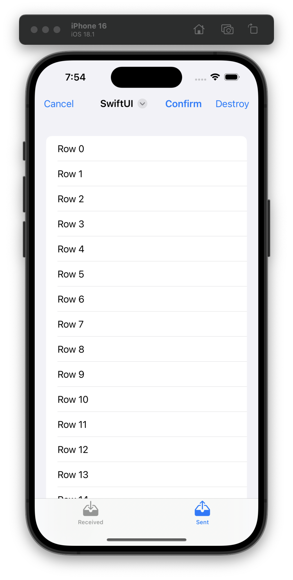 An iOS simulator displays a list interface with rows labeled from Row 0 to Row 14. The top navigation bar shows an editable title “SwiftUI” with Cancel, Confirm, and Destroy buttons. The bottom tab bar shows the current view and one other tab.