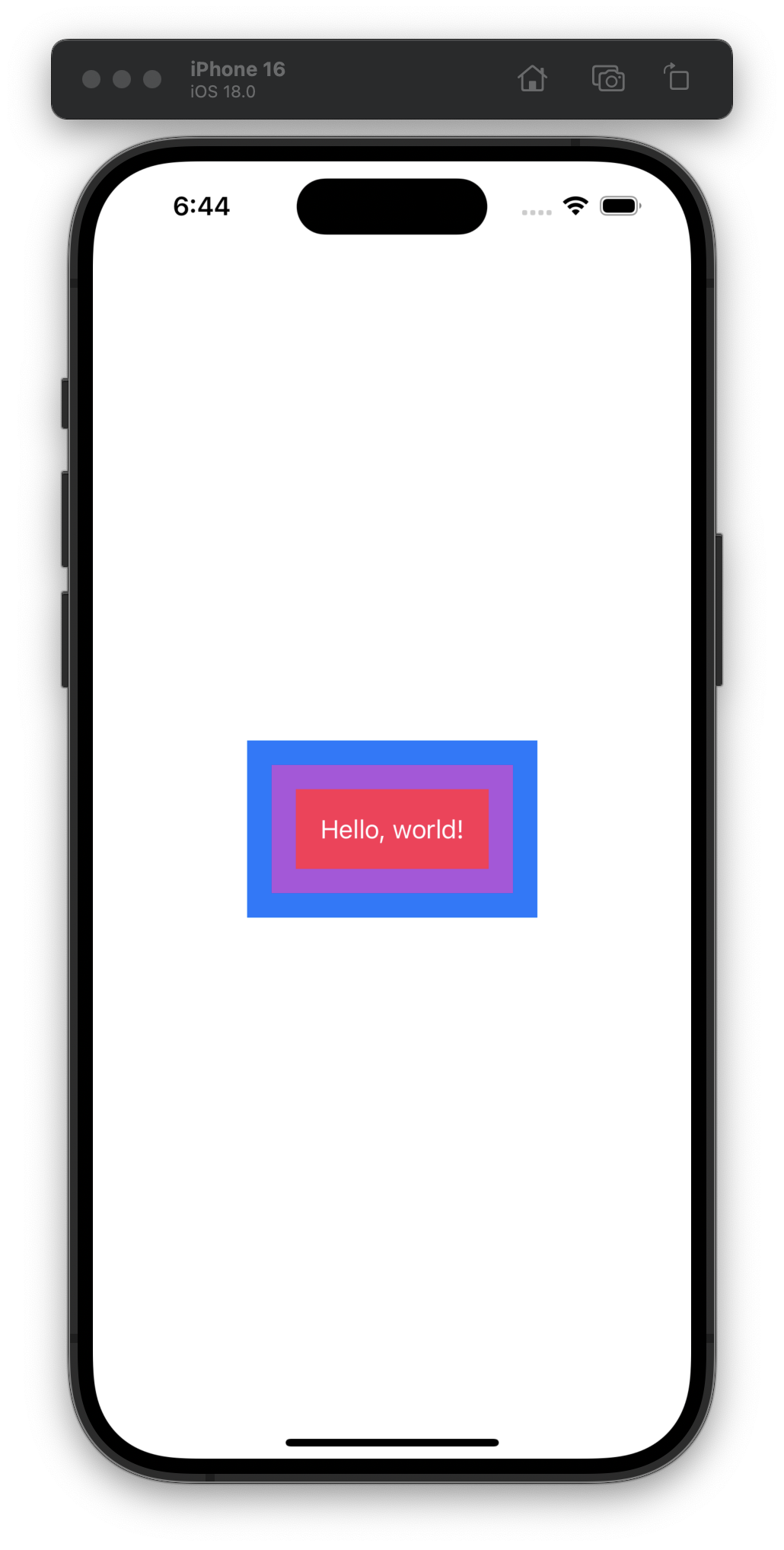 The iOS simulator displays a centered message that says “Hello, world” in white text on a pink rectangle. The pink rectangle is surrounded by a purple border, which is itself surrounded by a blue border.