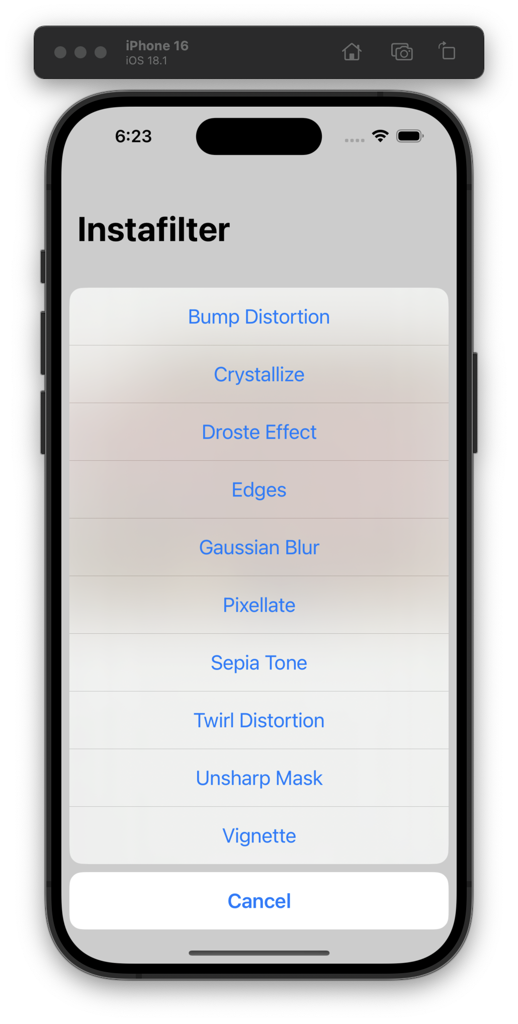 The iOS Simulator displays an app titled Instafilter. A confirmation dialog shows a list of filter options under the heading Instafilter, including Bump Distortion, Crystallize, Droste Effect, Edges, Gaussian Blur, Pixelate, Sepia Tone, Twirl Distortion, Unsharp Mask, and Vignette, with a Cancel button at the bottom.