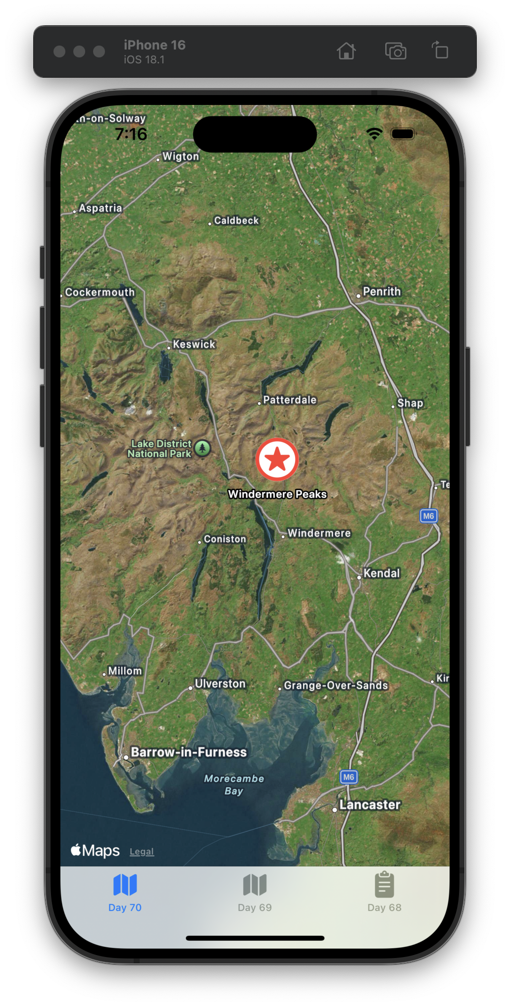 The iOS Simulator displays an Apple Maps view highlighting Windermere Peaks with a red star icon. Nearby locations include Lake District National Park, Windermere, and Kendal. A tab bar at the bottom includes tabs for Day 70 (currently selected), Day 69, and Day 68.