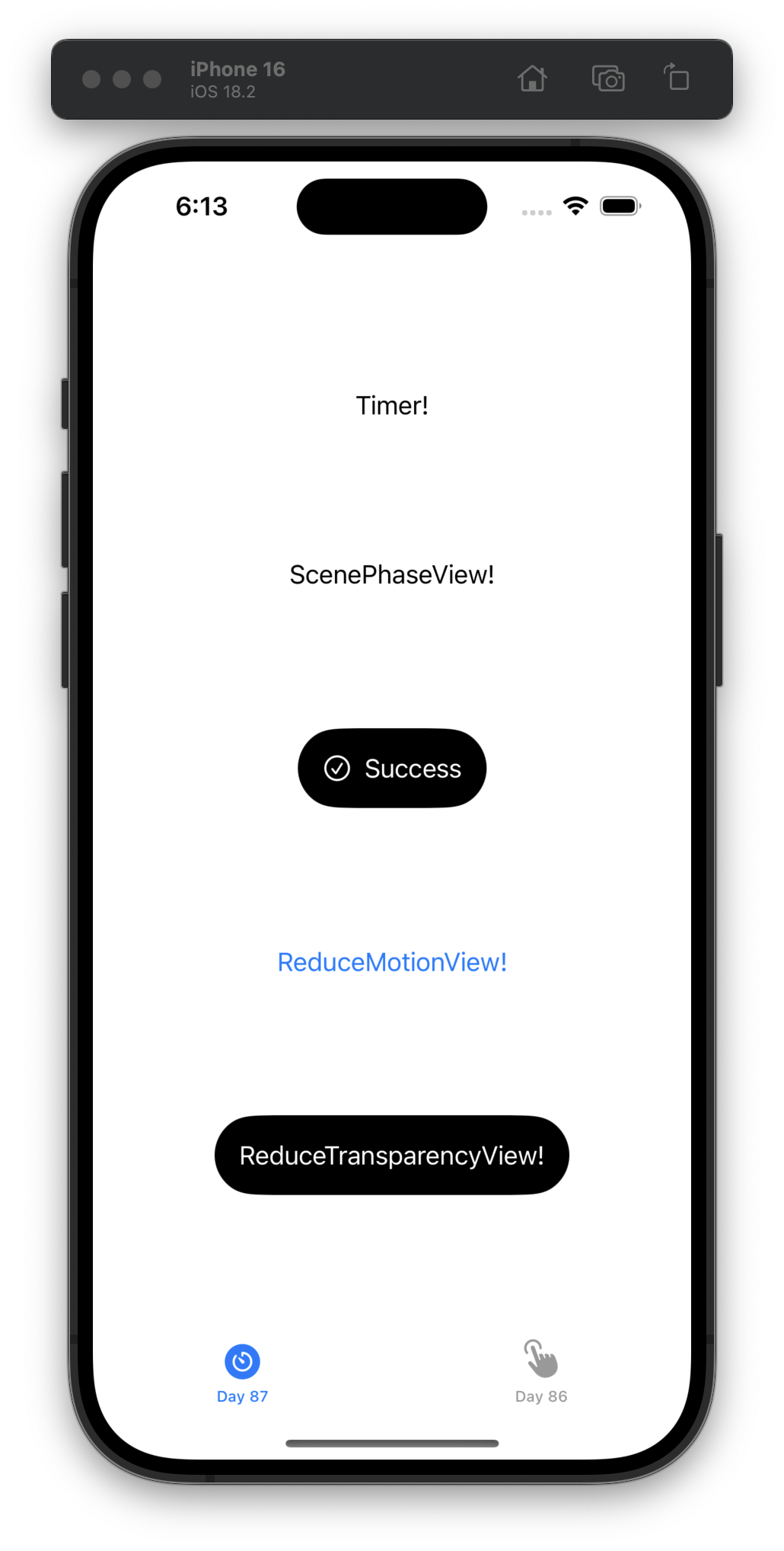 The iOS Simulator shows the same screen as the previous image with a couple differences. The “Success” button is now black with white text and a checkmark icon. The “ReduceTransparencyView!” button is also black with white text. Other elements remain the same.