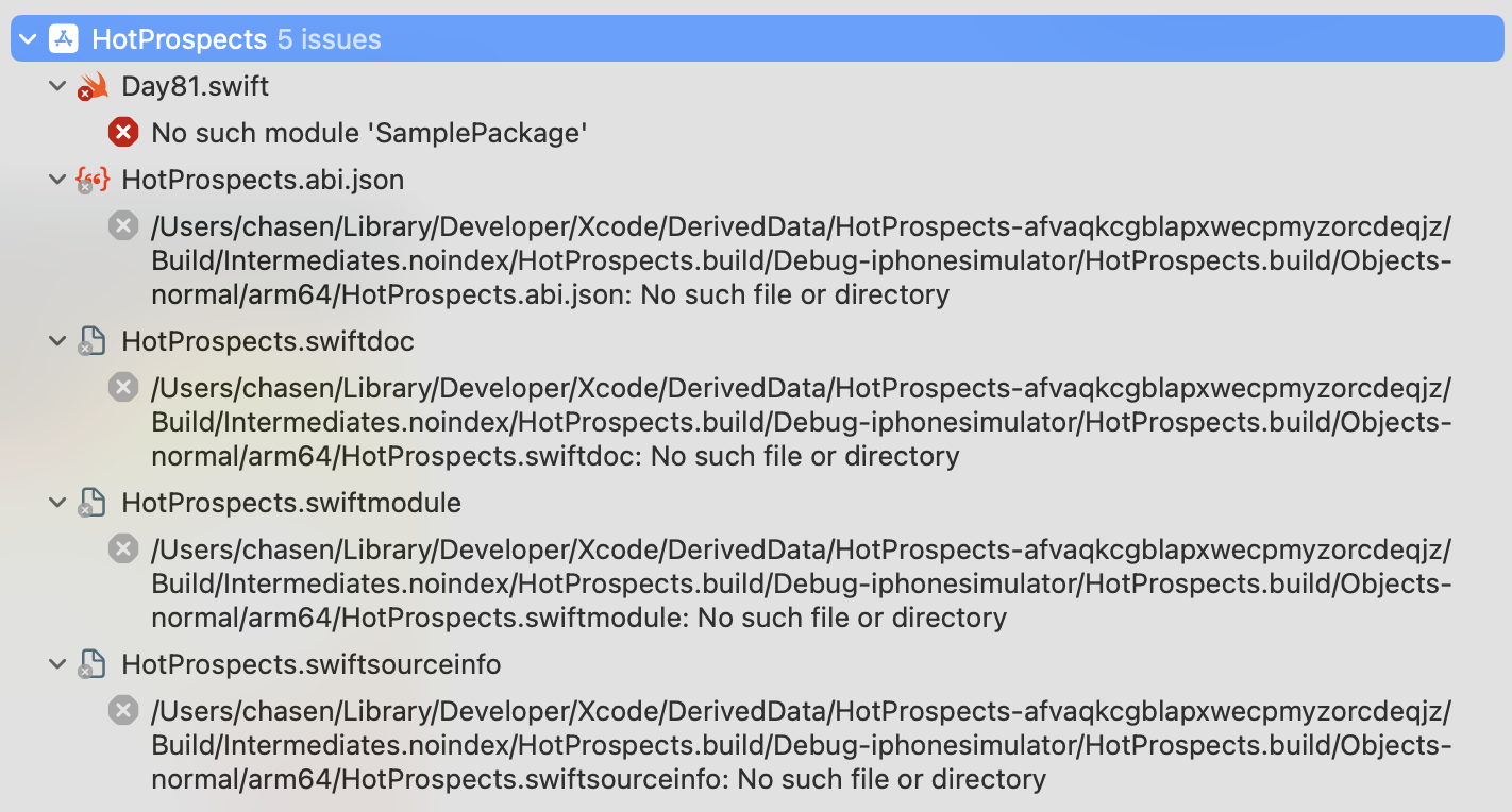 Xcode error panel shows five issues in the HotProspects project. A red error states, “No such module SamplePackage” in Day81.swift. Four gray errors indicate missing files like HotProspects.abi.json, swiftmodule, and related outputs in the derived data folder.