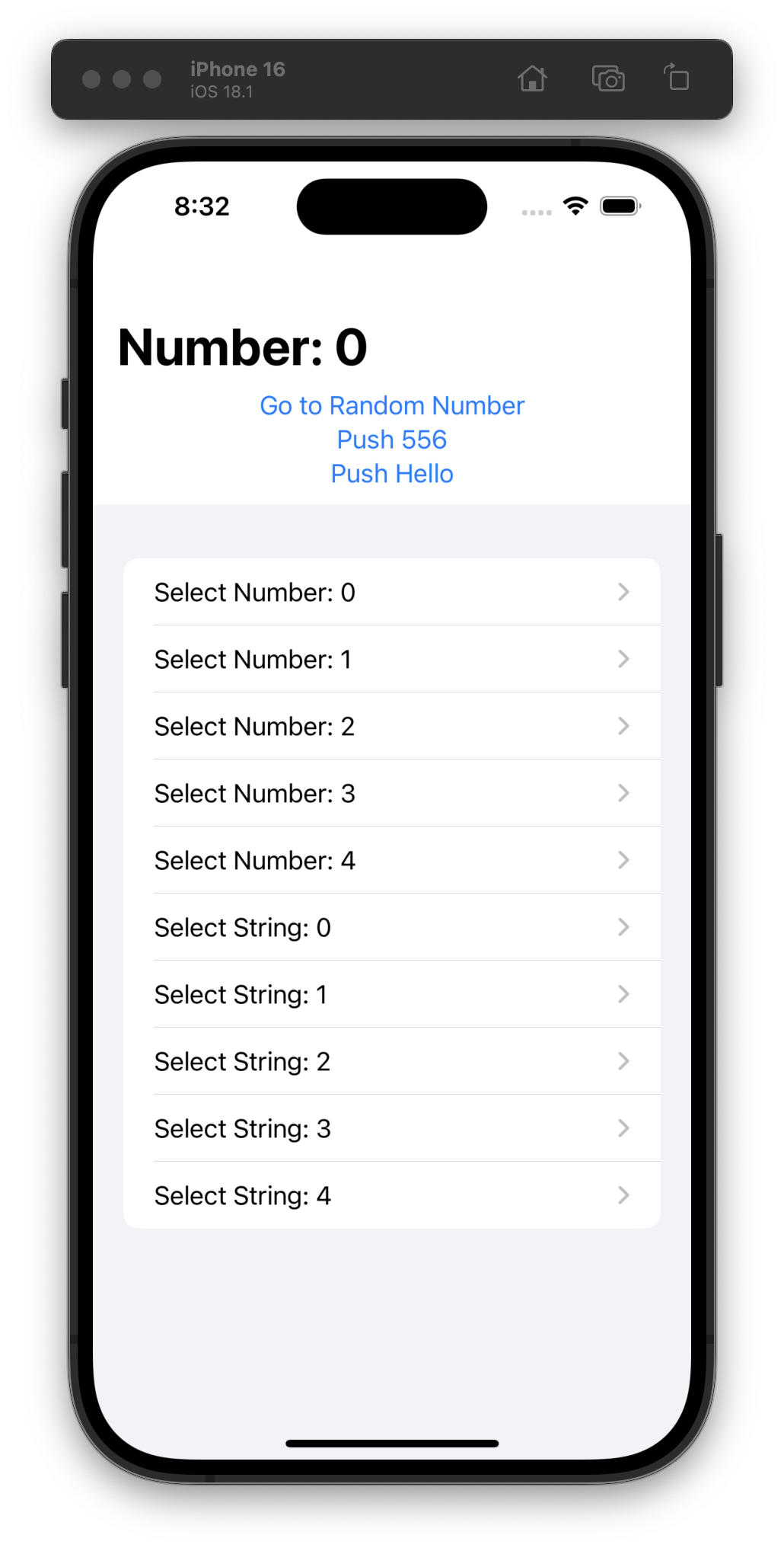 An iOS simulator displays the text “Number: 0” at the top. Below are three clickable links labeled “Go to Random Number,” “Push 556,” and “Push Hello.” A list follows with options labeled Select Number and Select String, each paired with a value from 0 to 4.