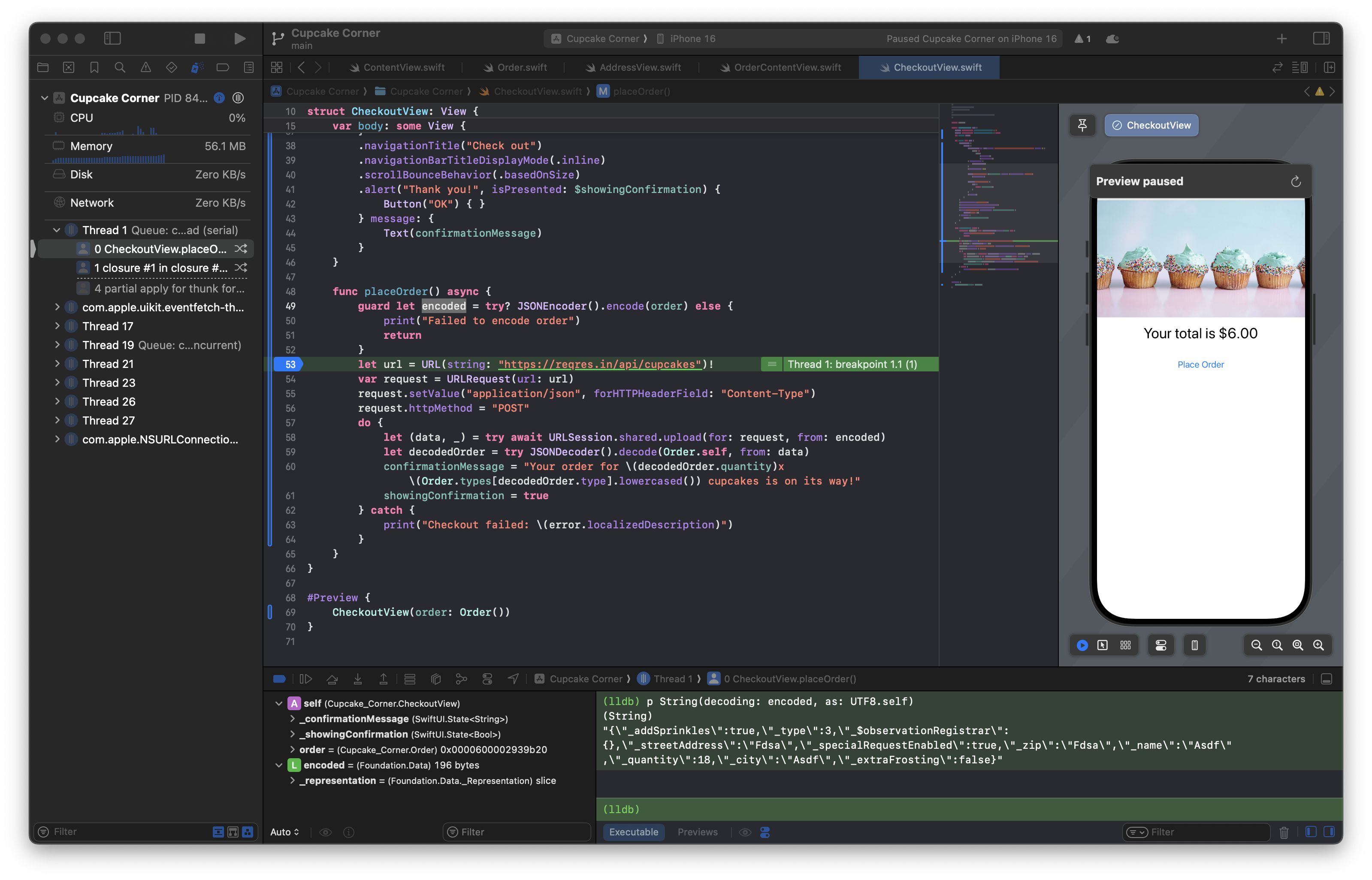 Xcode displays three panels: the first with a breakpoint paused on a line of code in a `placeOrder` function, the second with the running app’s preview paused (showing a “Place Order” screen), and the third with a JSON object as a string.