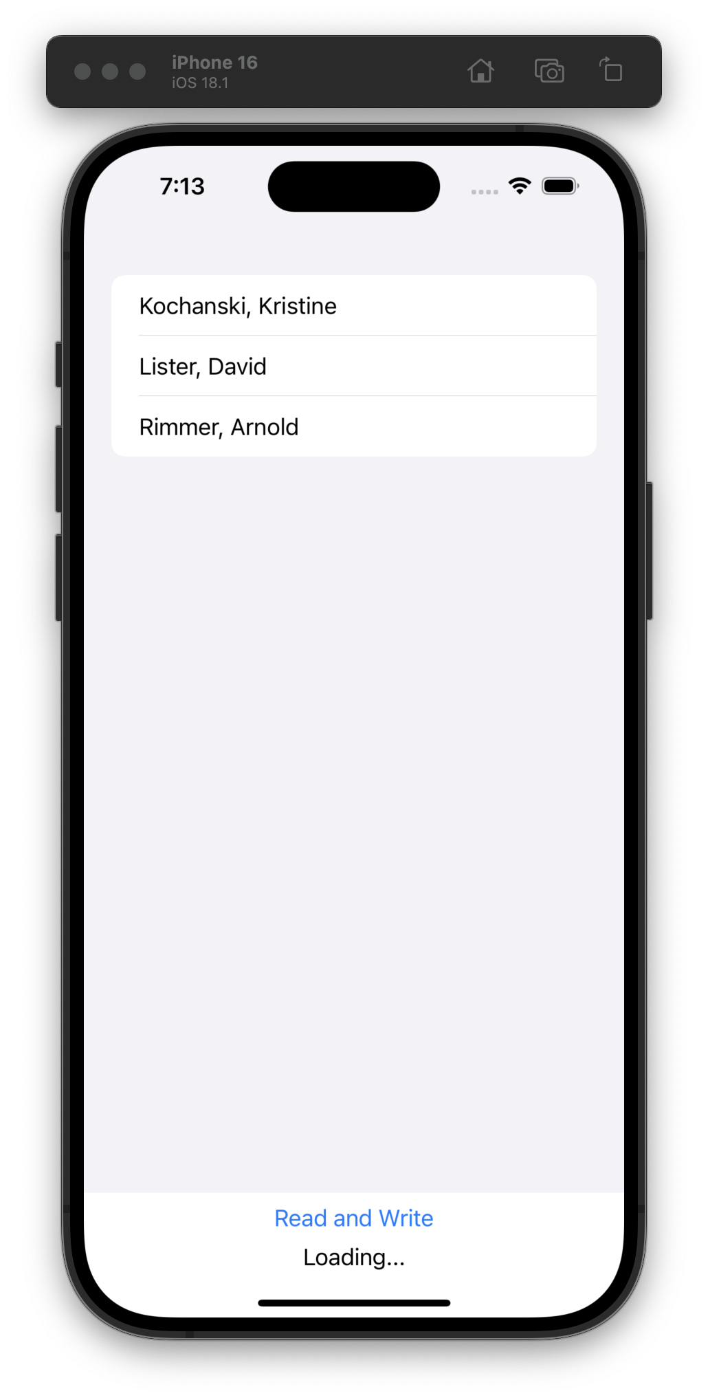 The iOS Simulator displays a screen with a list of names in alphabetical order: Kochanski Kristine, Lister David, and Rimmer Arnold. Below the list, a button labeled “Read and Write” is shown, with the word “Loading…” below it.