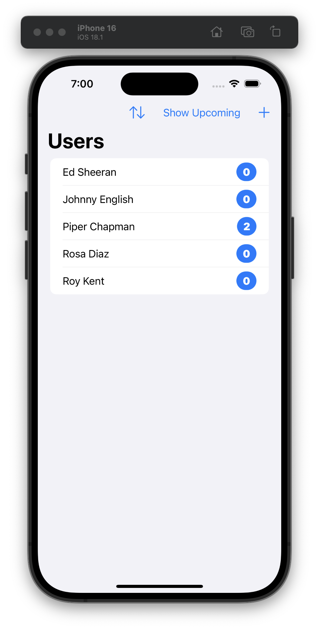 The iOS Simulator shows a Users screen with a sortable list. Names include Ed Sheeran, Johnny English, Piper Chapman, Rosa Diaz, and Roy Kent. Each name has a blue badge (indicating job counts) showing the number zero except Piper Chapman, which shows two.