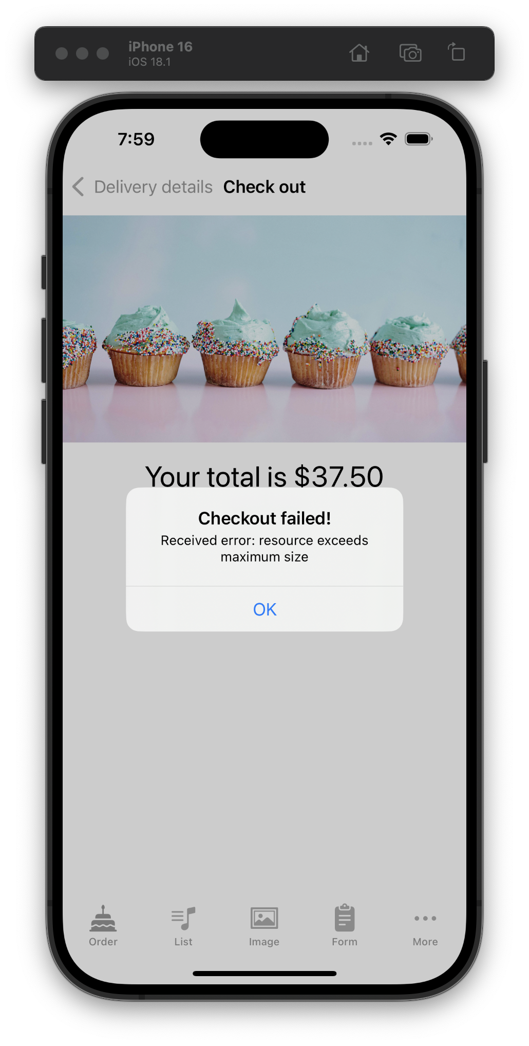 The iOS Simulator shows a checkout screen featuring cupcakes and a total of $37.50. A pop-up alert error message says, “Checkout failed. Received error: resource exceeds maximum size.” App navigation icons appear along the bottom of the screen.