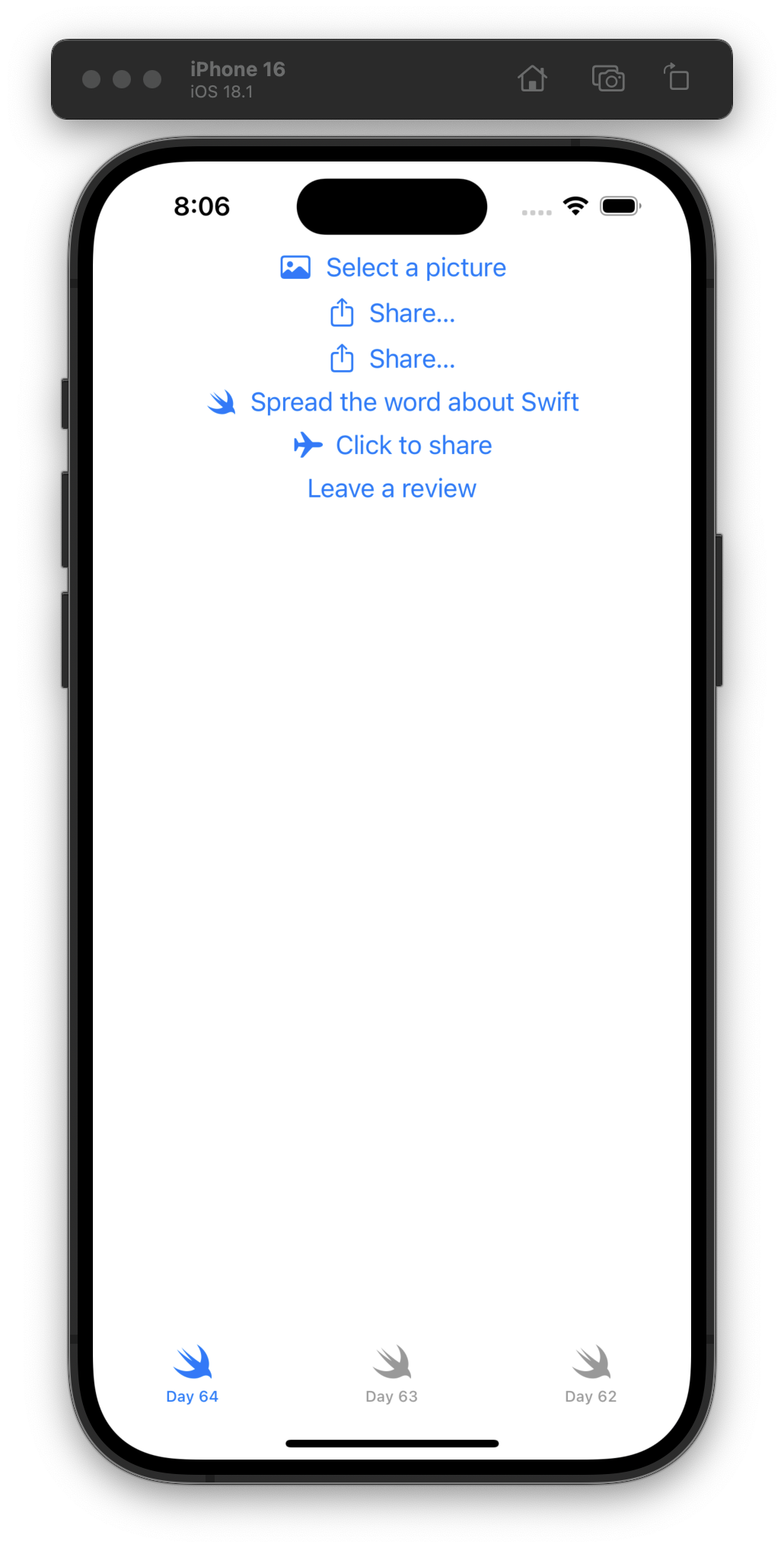 The iOS Simulator displays a screen with links/options in blue text, including “Select a picture,” two “Share…” buttons, “Spread the word about Swift,” “Click to share,” and “Leave a review.” A bottom tab bar shows three tabs labeled Day 64, Day 63, and Day 62, with Day 64 selected.