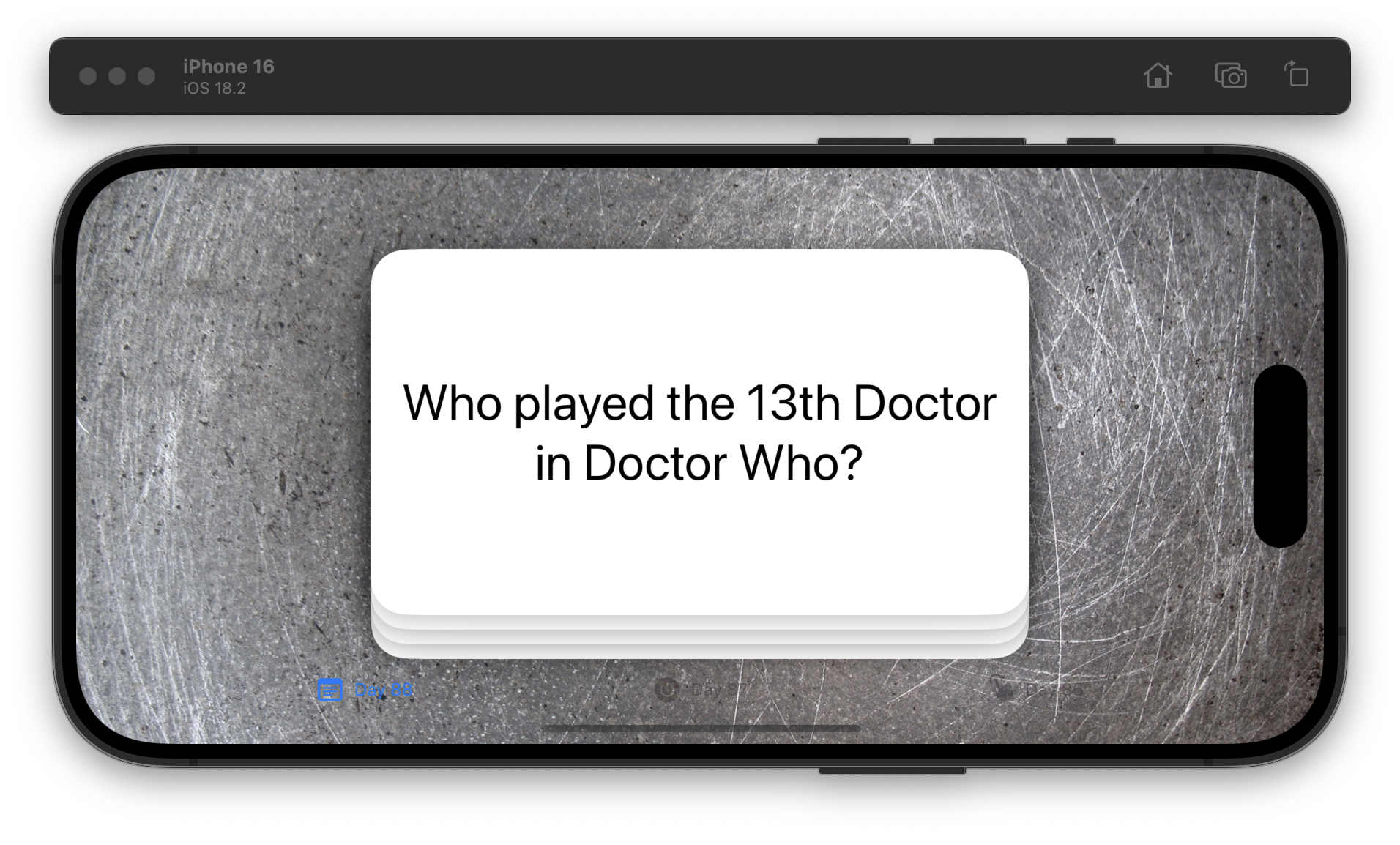 The iOS Simulator displays a flashcard with the question, “Who played the 13th Doctor in Doctor Who,” against a gray, scratched metal background.