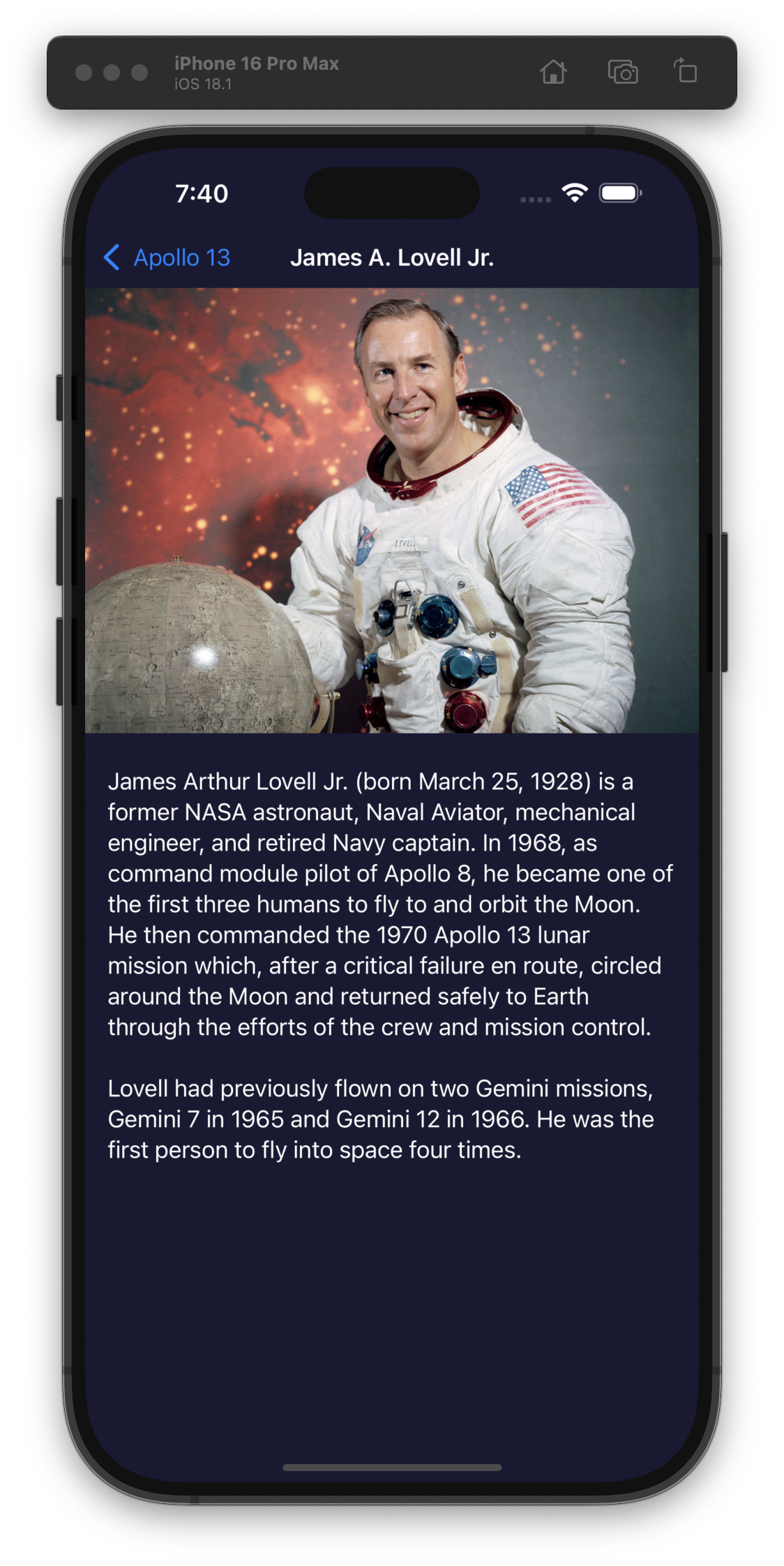 An iOS simulator displays the Moonshot app with a biography of astronaut James A. Lovell Jr. at the top. Lovell, wearing a spacesuit with a U.S. flag patch, smiles beside a model of the Moon. Text below details his NASA missions, including Apollo 13 and two Gemini flights.