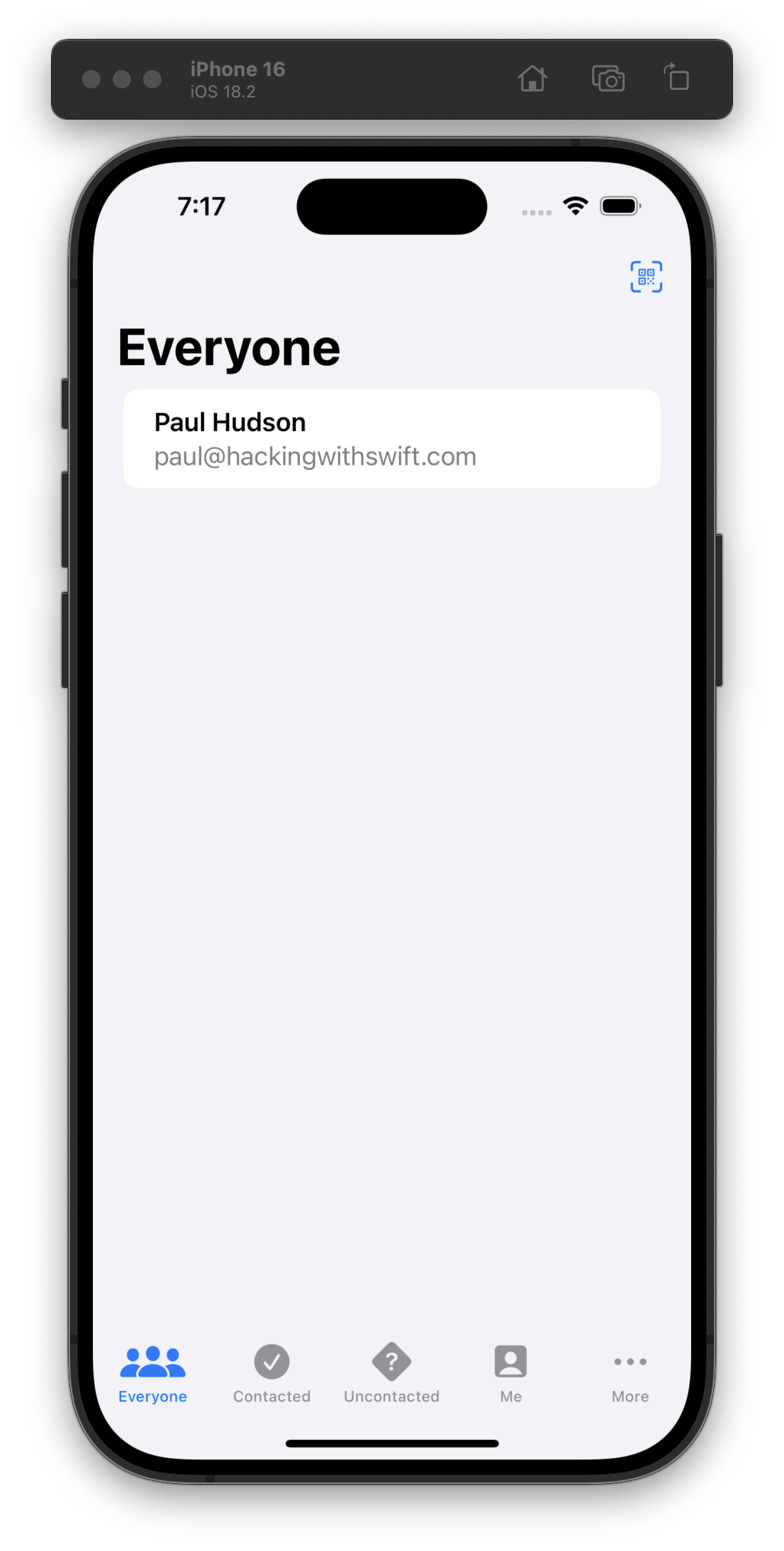 The iOS Simulator displays a contact list under the heading “Everyone” with one contact named Paul Hudson and the email paul@hackingwithswift.com. The bottom tab bar shows icons for Everyone, Contacted, Uncontacted, Me, and More.