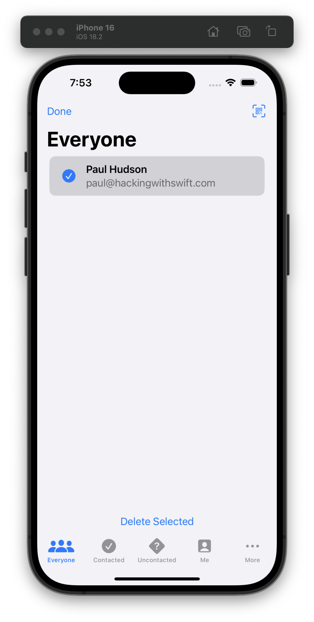 The iOS Simulator displays a contact list titled Everyone, showing one contact: Paul Hudson with the email paul@hackingwithswift.com. A blue checkmark indicates the contact is selected and a blue “Delete Selected” button appears at the bottom of the view. Below that, a tab bar highlights the Everyone tab and includes options like Contacted, Uncontacted, Me, and More.