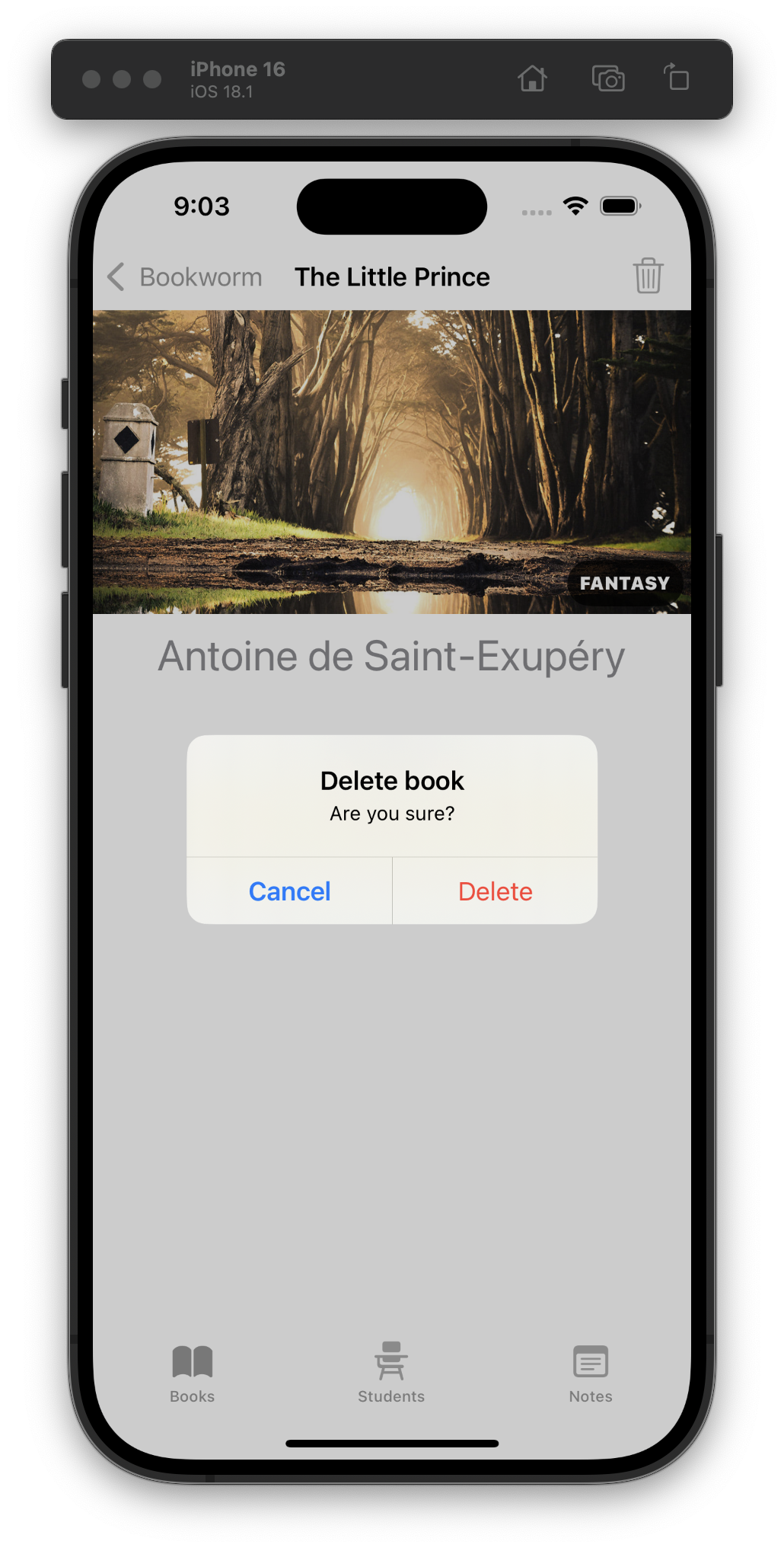 The iOS Simulator displays a confirmation dialog asking, “Delete book. Are you sure?” with options to “Cancel” or “Delete.” The app shows “The Little Prince” by Antoine de Saint-Exupéry, with a fantasy-themed cover image and navigation tabs at the bottom.