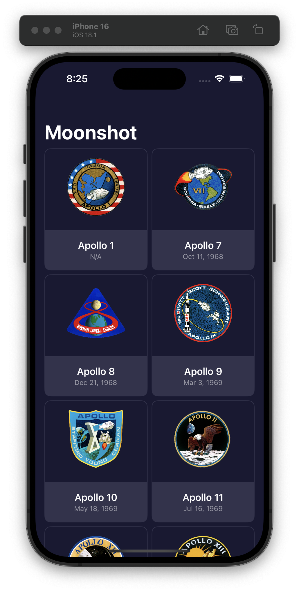 An iOS simulator displays the Moonshot app with mission patches and dates for Apollo missions. Each mission is in a card format, with the patch at the top, mission name below, and launch date at the bottom. The visible missions include Apollo 1 through Apollo 11 with more displayed offscreen.