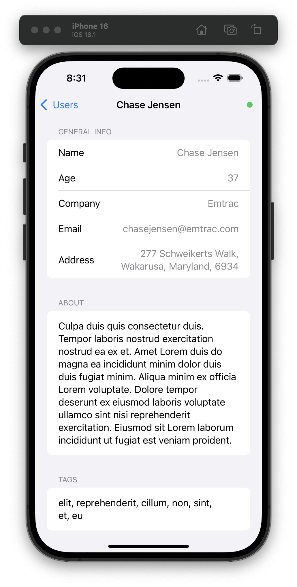 The iOS Simulator displays a “Friendface” app with the current screen on a user profile view for one of the contacts. The “general info” section includes the contact’s name, age, company, email, and address. Below, an about section contains placeholder text, and a tags section lists terms separated by commas.