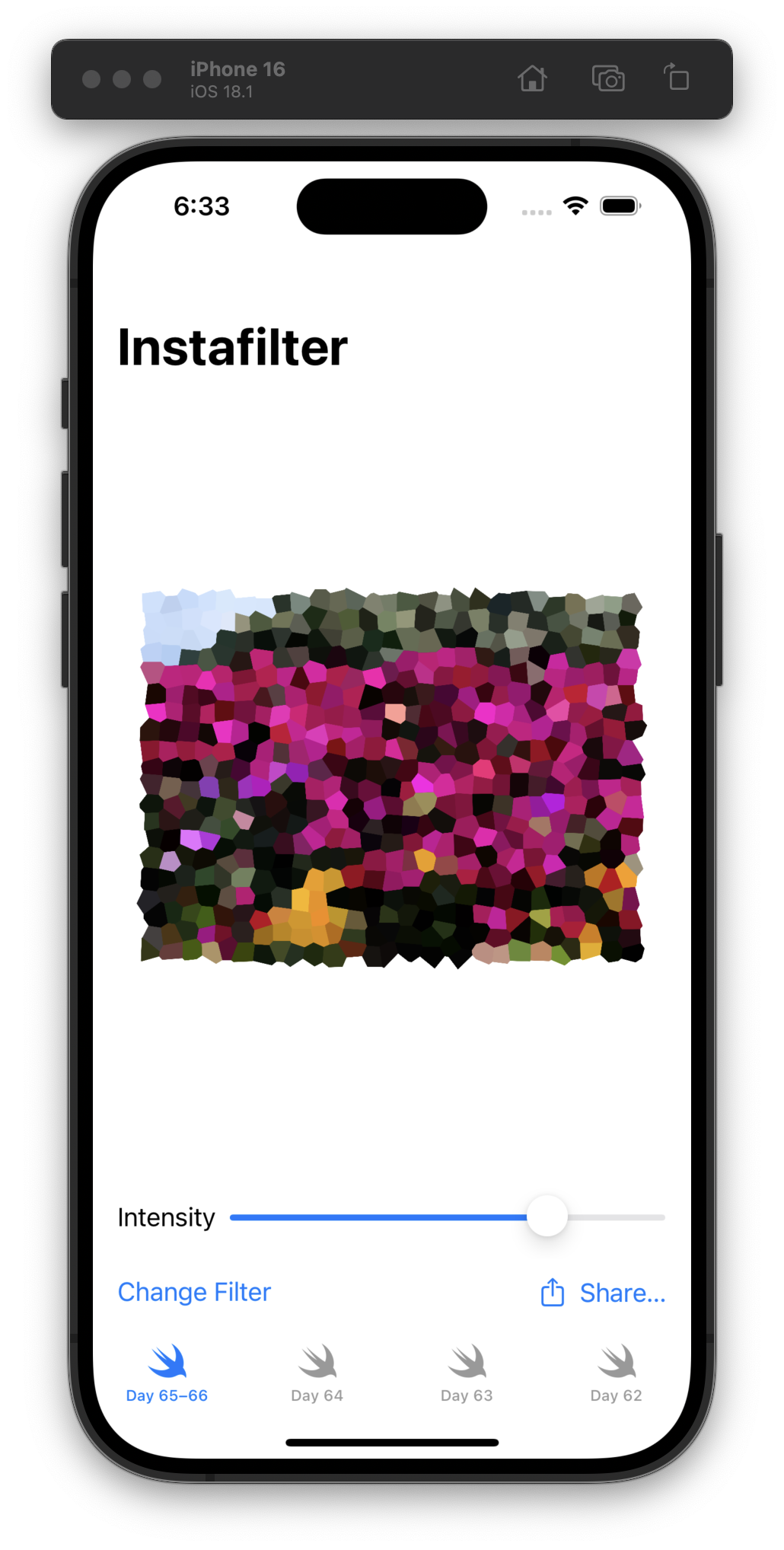 The iOS Simulator displays an app titled Instafilter. The image of flowers from Day 65 is shown, but this time through a “crystallize” filter. The “Intensity” slider is set to 75% with “Change Filter” and “Share…” buttons below. Underneath is a bottom tab bar with four tabs labeled Day 65–66, Day 64, Day 63, and Day 62, with Day 65 selected.