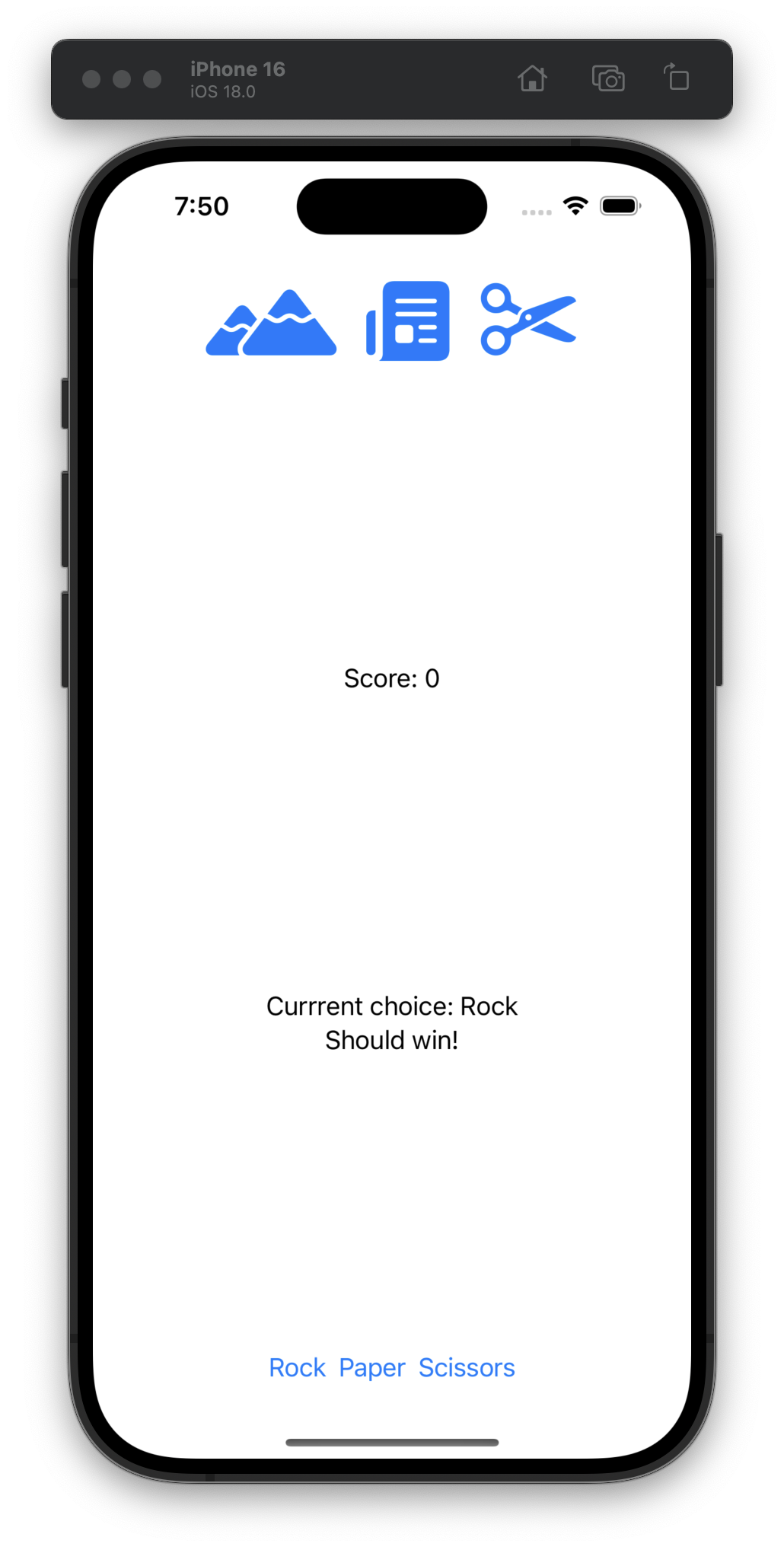 The iOS simulator shows a game with a score of zero. The game is that, given the game’s choice of rock/paper/scissors and text indicating whether the player should pick a winning or losing move, the player then has to select Rock, Paper, or Scissors. The game currently shows “current choice: rock” and “should win” to indicate the player should choose Paper from the buttons below. Icons at the top represent rock, paper, and scissors.