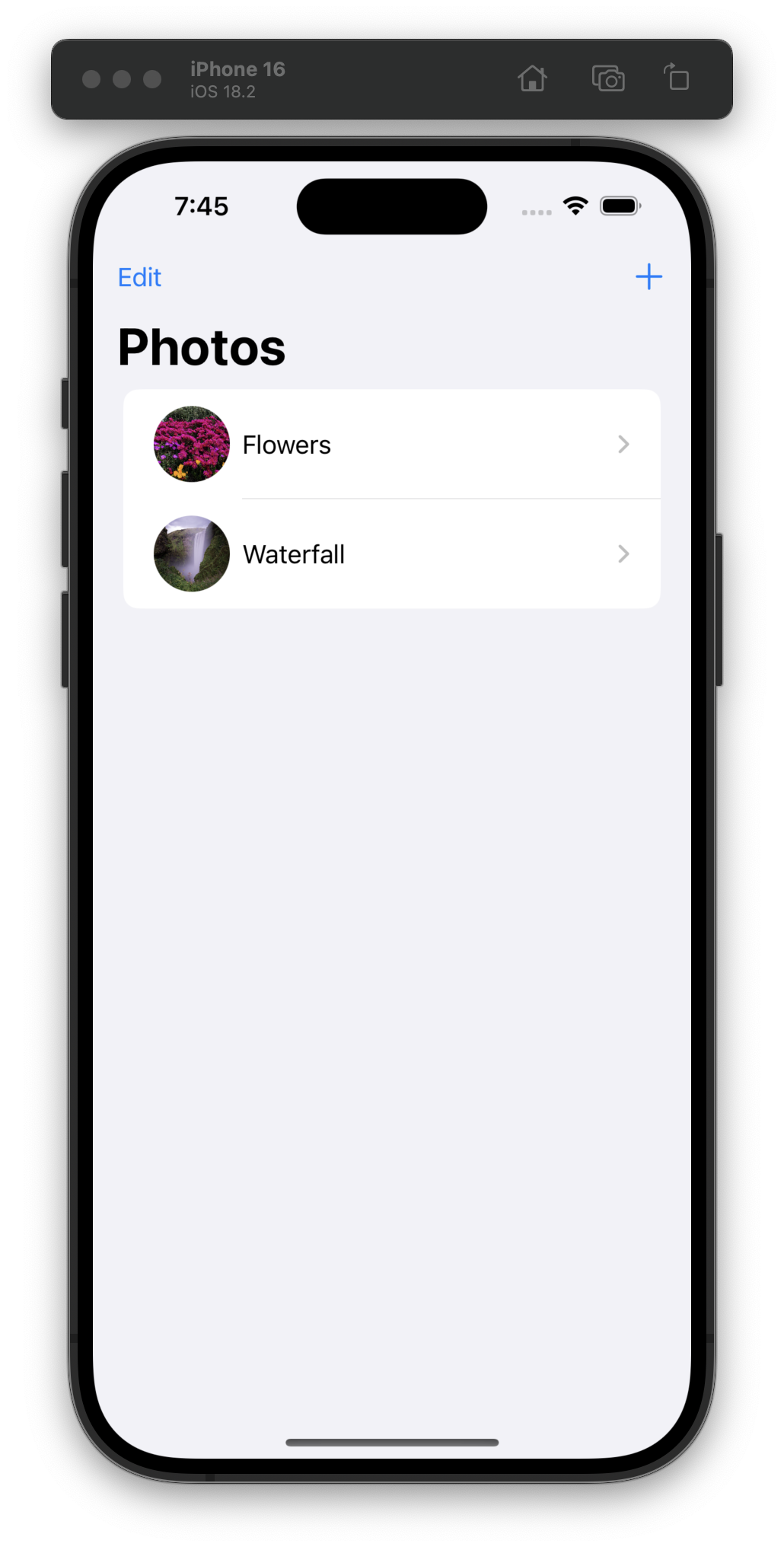 The iOS Simulator displays a “Photos” app with two pictures: Flowers, with a thumbnail of pink flowers, and Waterfall, with a thumbnail of a waterfall surrounded by greenery. You can tap on a row to go to the detail view. There are edit and add buttons in the top navigation.