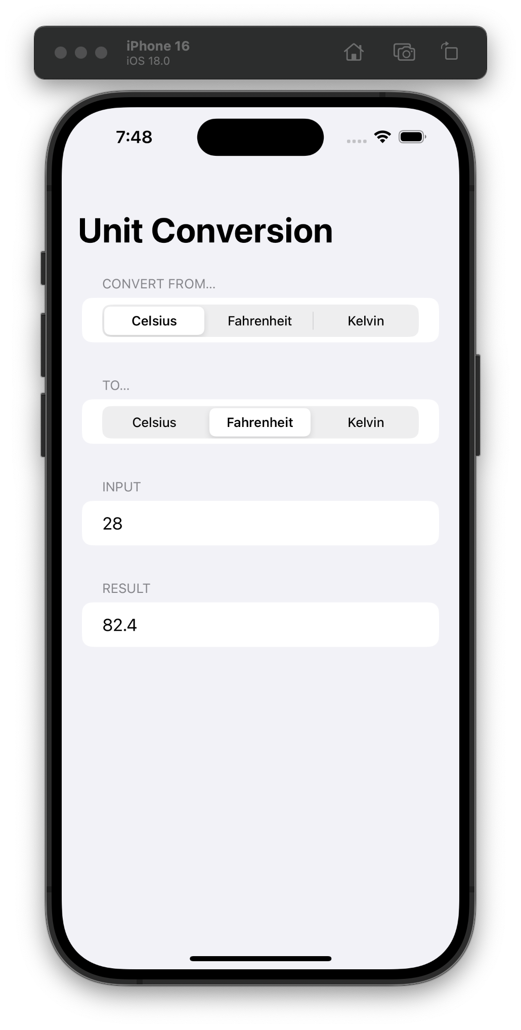 A unit conversion app running in the iPhone 16 simulator. The screen displays options to convert between Celsius, Fahrenheit, and Kelvin. The conversion is set to convert from Celsius to Fahrenheit, with an input value of 28, resulting in 82.4 displayed as the output. The design is minimal, with a clean white background and simple buttons.