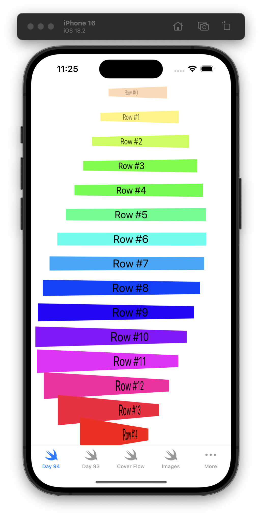 The iOS Simulator displays a rainbow-colored list of rows labeled Row 0 to Row 14, arranged vertically in a tapered, 3D perspective. Colors shift from orange at the top (with a light opacity) to red at the bottom (at full opacity). Tab bar icons include Swift symbols labeled Day 94 (selected), Day 93, Cover Flow, Images, and More.