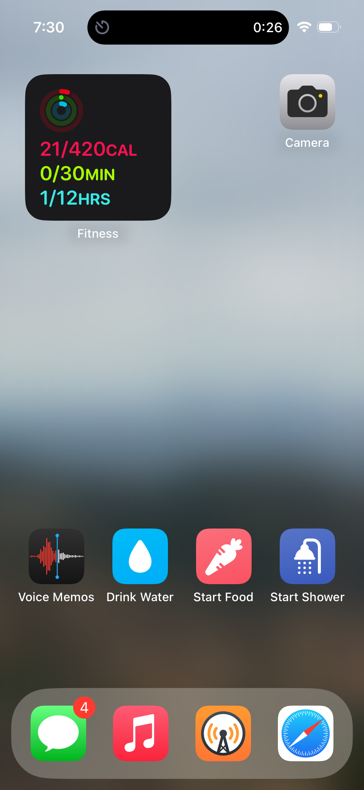 An iOS home screen (in Small icon mode with labels under the icons) showing a blurred outdoor background. The first row has a Fitness widget and Camera. The second row has Voice Memos, Drink Water, Start Food, and Start Shower. The dock at the bottom has Messages, Music, Overcast, and Safari.