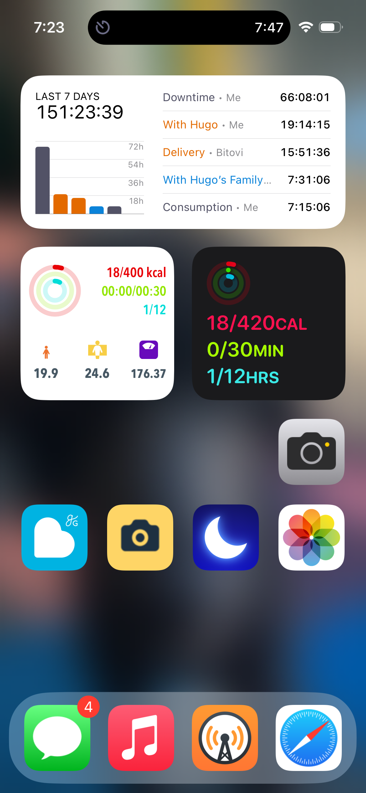 An iOS home screen (in Large icon mode without labels under the icons) showing a blurred dark background. The first row has a Timery widget, HealthView widget, and Fitness widget. The second row has Camera, Balance Health, Inverter, and Sleep++. The third row has Photos. The dock at the bottom has Messages, Music, Overcast, and Safari.