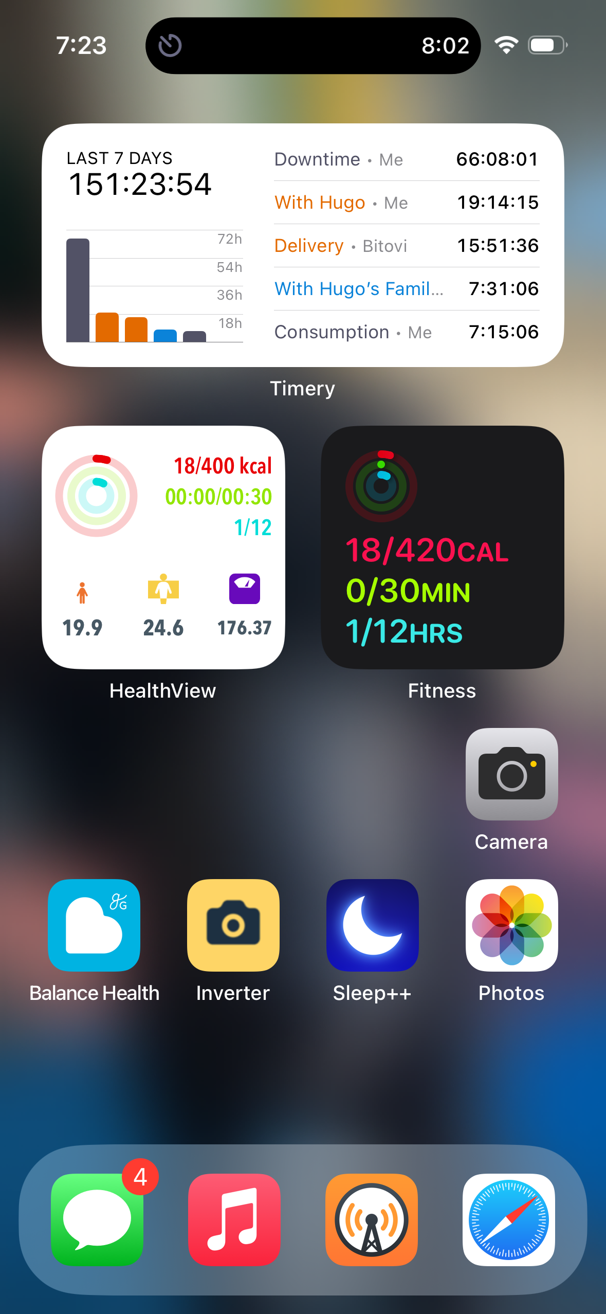 An iOS home screen (in Small icon mode with labels under the icons) showing a blurred dark background. The first row has a Timery widget, HealthView widget, and Fitness widget. The second row has Camera, Balance Health, Inverter, and Sleep++. The third row has Photos. The dock at the bottom has Messages, Music, Overcast, and Safari.