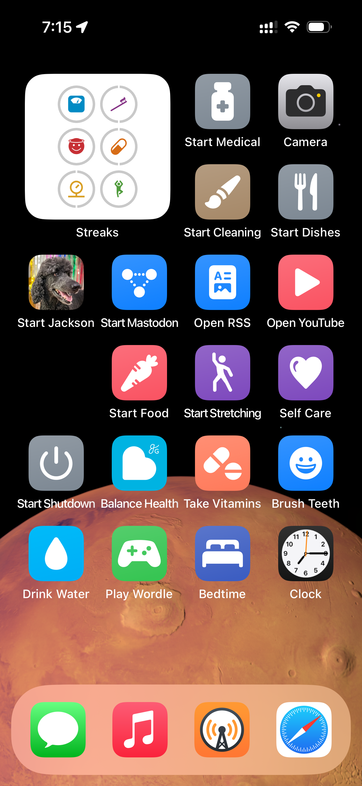 An iOS home screen (in Small icon mode with labels under the icons) showing a blurred Mars-like space background. The first row has a Streaks widget, Start Medical, Camera, and Start Dishes. The second row has Start Jackson, Start Mastodon, Open RSS, and Open YouTube. The third row has Start Food, Start Stretching, Self Care, and Start Shutdown. The fourth row has Balance Health, Take Vitamins, Brush Teeth, and Drink Water. The fifth row has Play Wordle, Bedtime, Clock, and the dock at the bottom with Messages, Music, Overcast, and Safari.