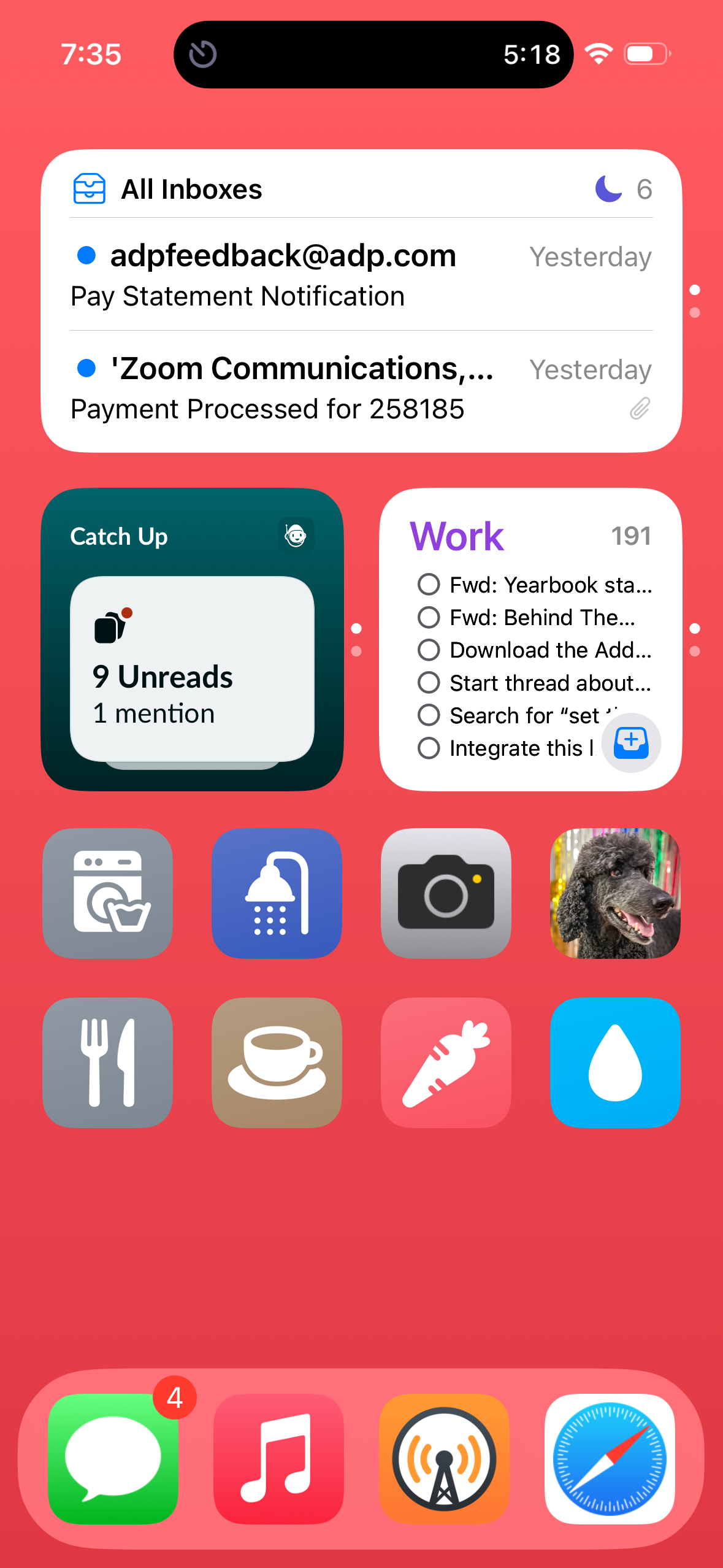 An iOS home screen (in Large icon mode without labels under the icons) showing a blurred red background. The first row has a Mail widget and a Work widget. The second row has Slack, OmniFocus, Start Laundry, and Start Shower. The third row has Camera, Start Coffee, Start Food, and Drink Water. The fourth row has Start Dishes, Start Jackson, and the dock at the bottom with Messages, Music, Overcast, and Safari.