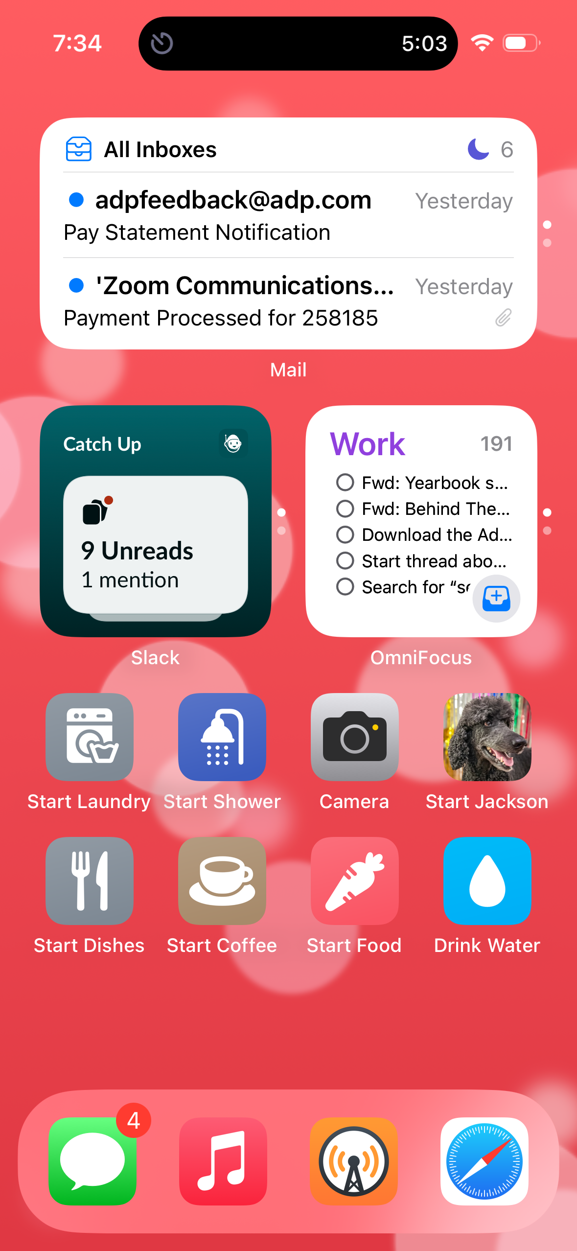 An iOS home screen (in Small icon mode with labels under the icons) showing a blurred red background. The first row has a Mail widget and a Work widget. The second row has Slack, OmniFocus, Start Laundry, and Start Shower. The third row has Camera, Start Coffee, Start Food, and Drink Water. The fourth row has Start Dishes, Start Jackson, and the dock at the bottom with Messages, Music, Overcast, and Safari.