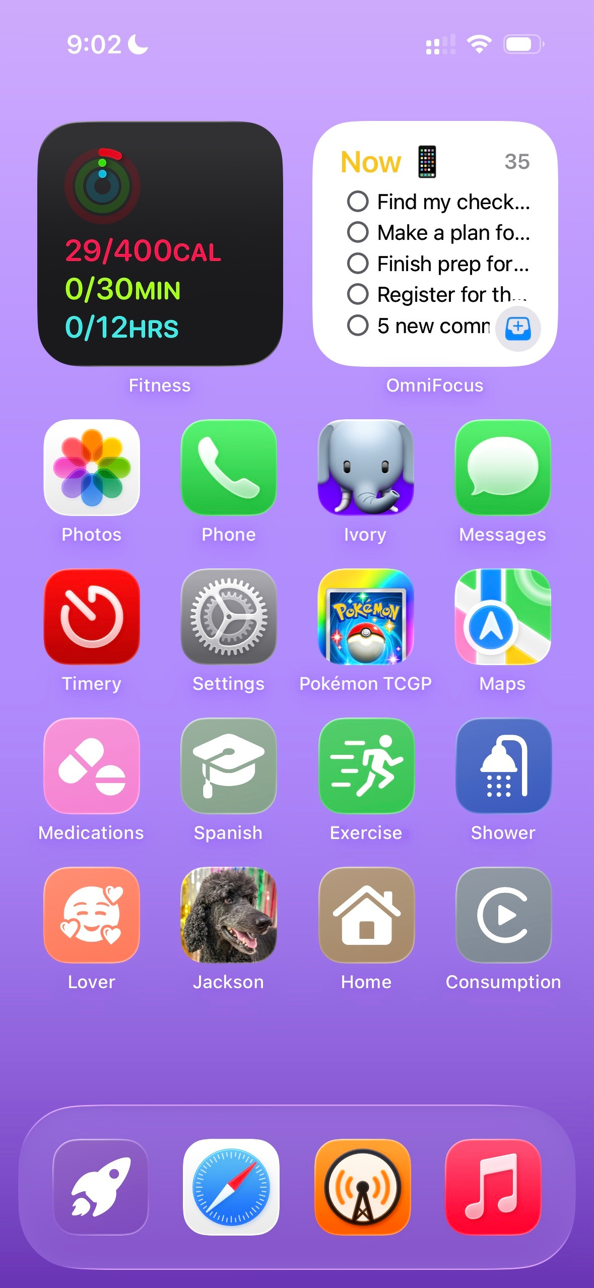 An iOS home screen (in Small icon mode with labels under the icons) showing a purple gradient in the background. The first row has Fitness and OmniFocus widgets. The second and third rows are a mix of app icons from the Siri Suggestion widget. The fourth row has Medications, Stretch, Exercise, and Shower shortcuts. The fifth row has Lover, Jackson, Home, and Consumption shortcuts. The dock at the bottom has a personal shortcuts launcher, Safari, Overcast, and Music.