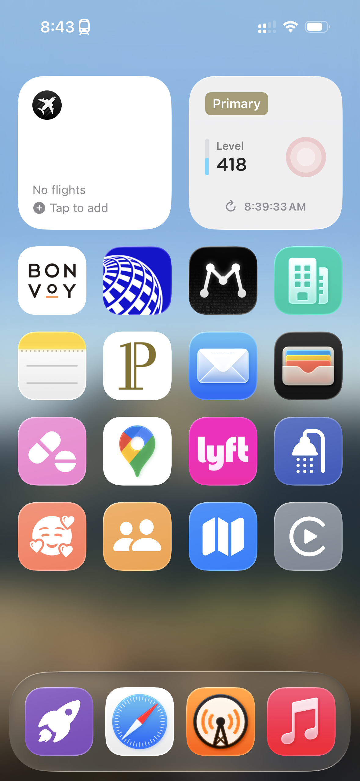 An iOS home screen in Large icon mode without labels under the icons, showing the same thing as the Small icon mode screenshot before this.