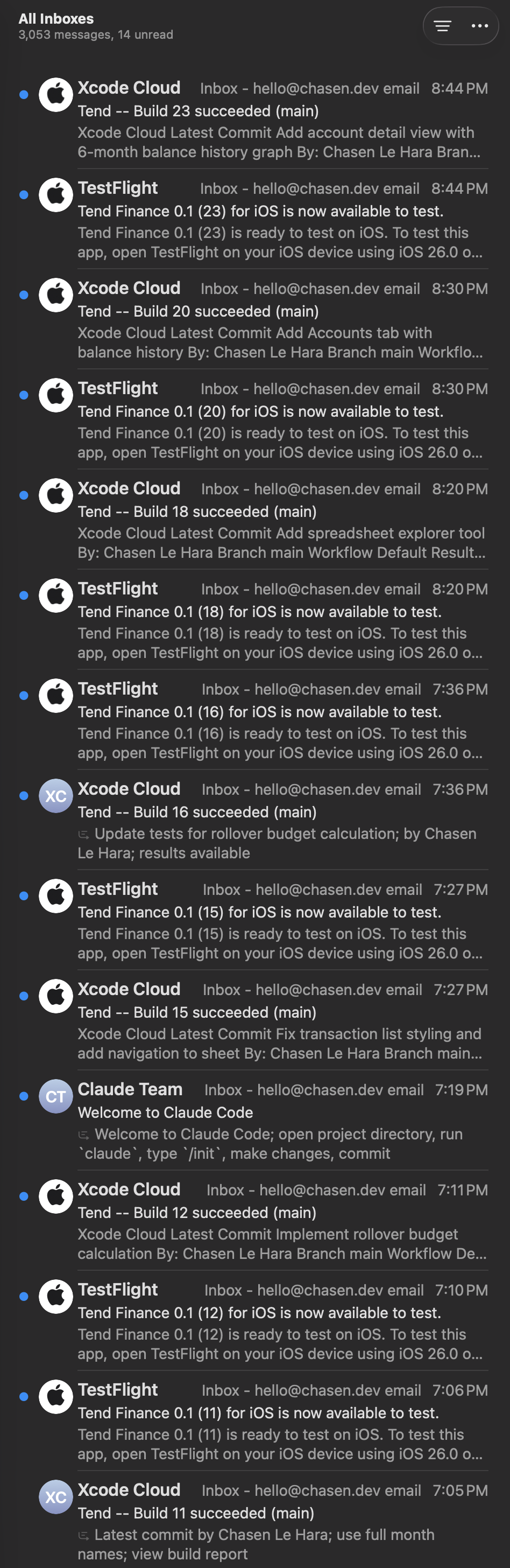 A list of emails from Xcode Cloud shows notifications about builds and test statuses. Fifteen emails in less than two hours, going from build 11 to 23, showing a rapid implementation and release cycle thanks to Claude Code.