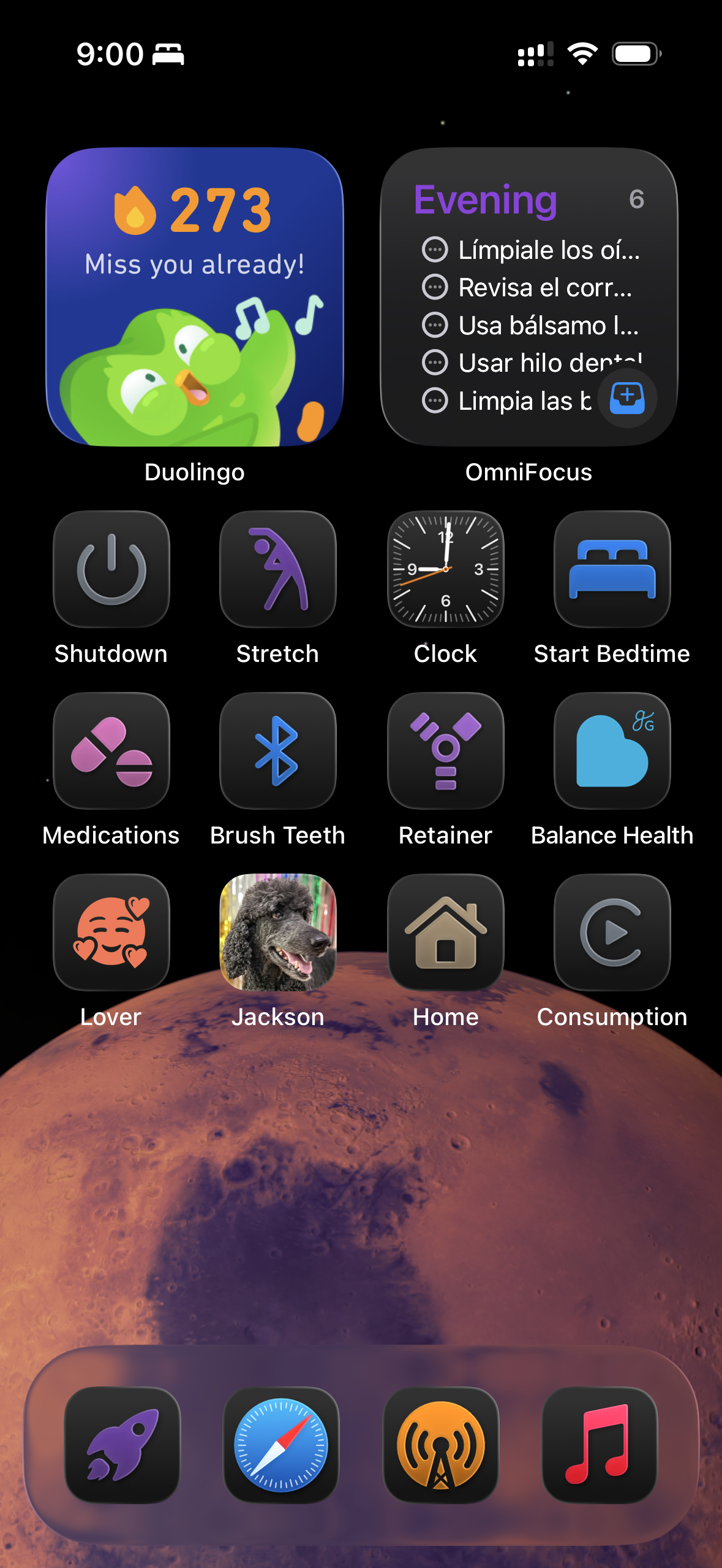 An iOS home screen (in Small icon mode with labels under the icons) showing Mars in the background. The first row has Duolingo and OmniFocus widgets. The second row has Shutdown, Stretch, Clock, and Start Bedtime shortcuts. The third row has Medications, Brush Teeth, Retainer, and Balance Health icons. The fourth row has Lover, Jackson, Home, and Consumption shortcuts. The dock at the bottom has a personal shortcuts launcher, Safari, Overcast, and Music.