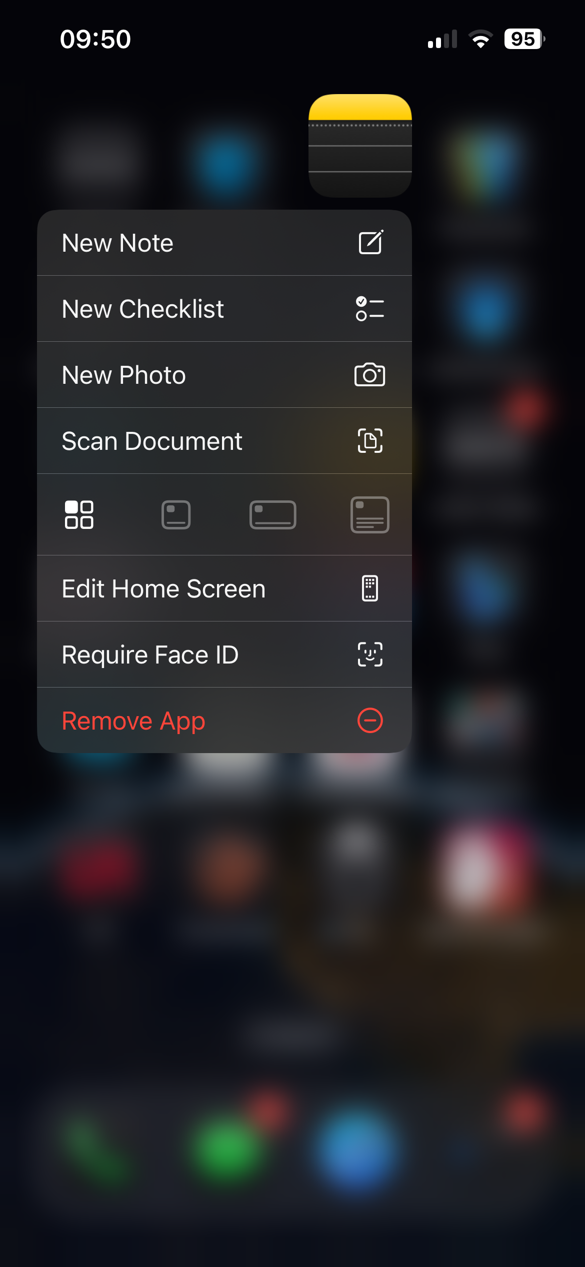 An iPhone screenshot shows the Notes app menu with options for creating a new note, checklist, photo, or scanned document, and other actions like editing the home screen, requiring Face ID, and removing the app.