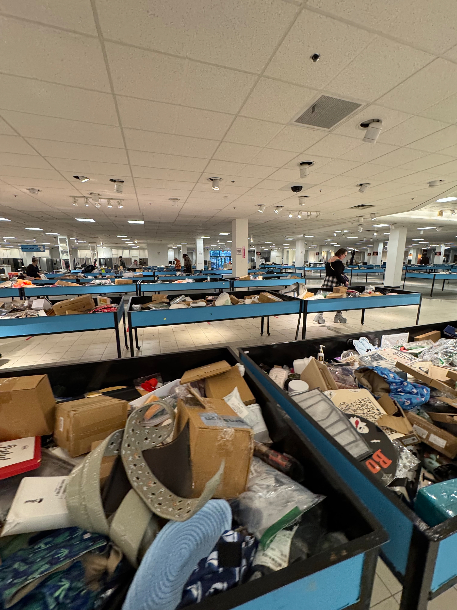 A vast, fluorescent-lit store filled with long rows of blue bins stretching into the distance, each overflowing with random discarded items: boxes, belts, fabric, plastic, and unidentifiable objects. A few shoppers stand quietly, heads down, sifting through the piles. The space feels cavernous and impersonal, orderly in layout but chaotic in content, evoking an eerie, liminal atmosphere, like a forgotten back room where excess consumer goods accumulate after losing their original purpose.