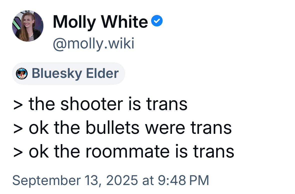 A tweet from Molly White satirically lists several entities as being "trans," including a shooter, bullets, and a roommate.
