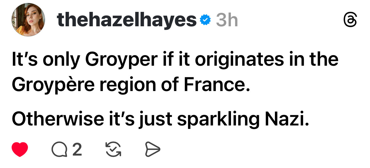 A social media post jokes about the term "Groyper" being specific to France, comparing it to the term "sparkling Nazi."