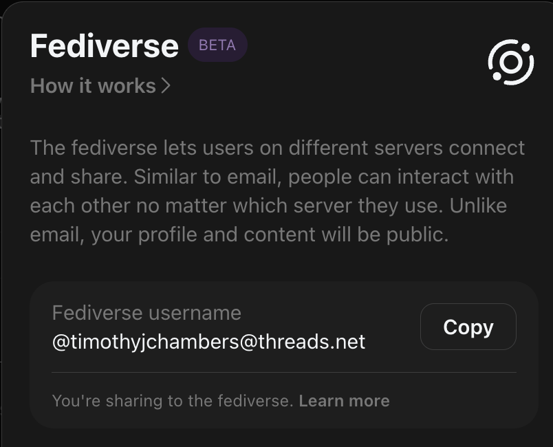 A description of the Fediverse is provided, explaining user connectivity across servers, along with a username for sharing within the network.