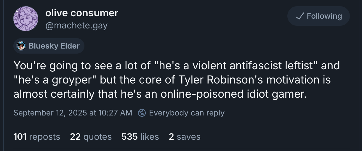 A post by "olive consumer" discusses Tyler Robinson's apparent motivations, describing him as an "online-poisoned idiot gamer" rather than a "violent antifascist leftist" or "groyper."