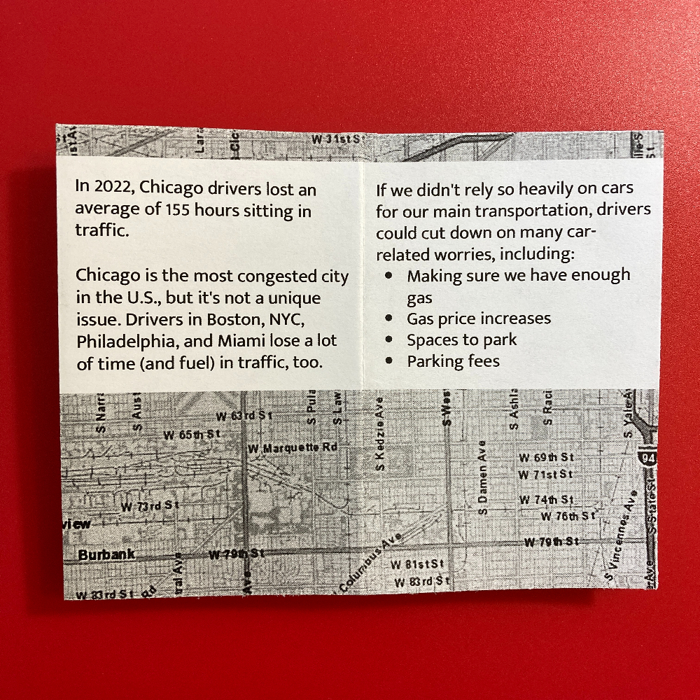 A printed page features text about traffic congestion in Chicago and other cities, detailing car-related concerns.