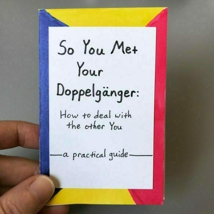 A person is holding a booklet titled So You Met Your Doppelgänger: How to deal with the other You - a practical guide, against a colorful background.