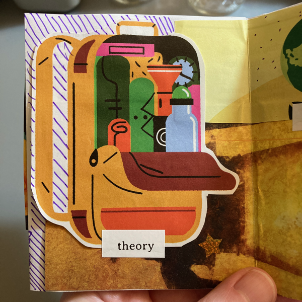 A hand holds a collage zine that features an illustrated backpack with various objects inside it. The text says, theory.