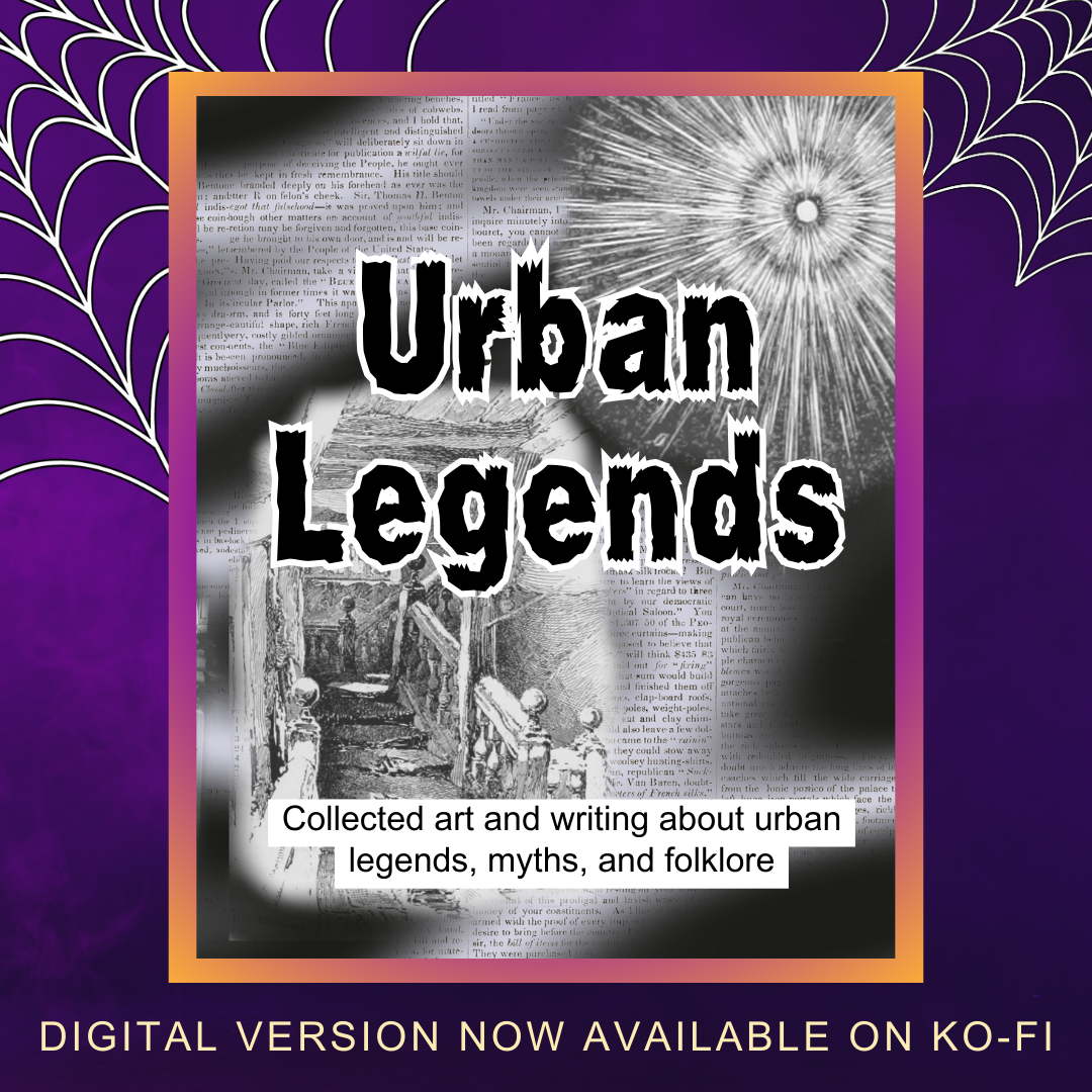 The cover of Urban Legends on a purple background with spider webs in the top corners. Text at the bottom says, Digital version now available on Ko-fi.