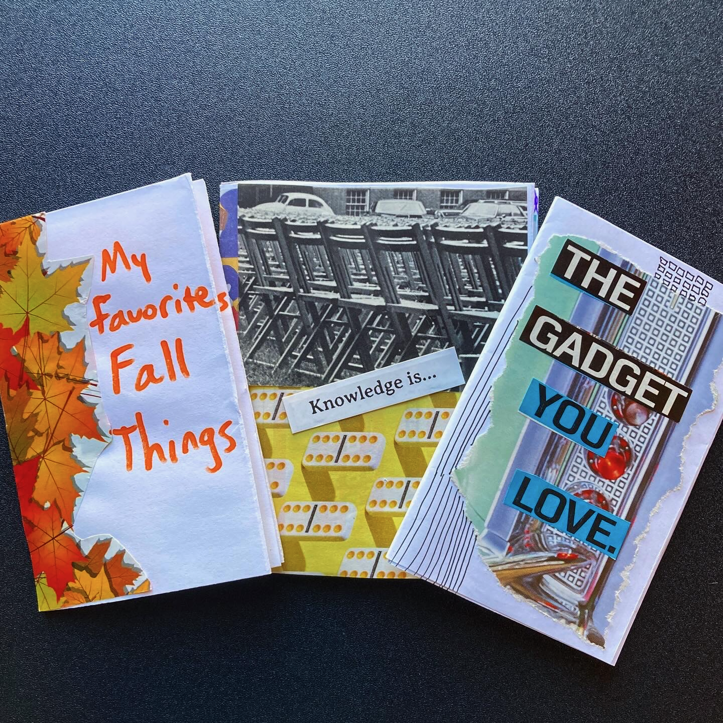 Three zines with collages on the covers. One cover features autumn leaves. One cover features rows of chairs and dominoes. One cover features technology elements.