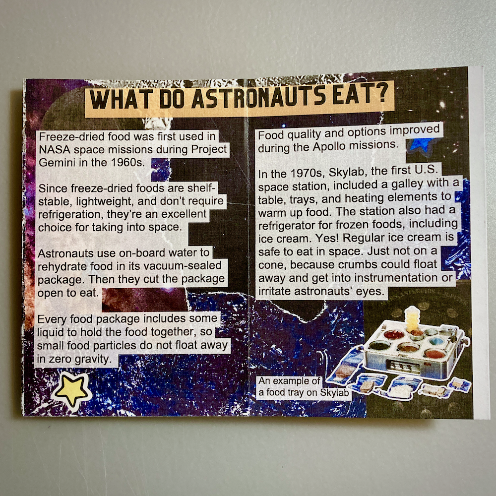 A page spread of a zine about astronaut food. The text gives a brief history of food for outer space missions. There’s a photo of a food tray from Skylab, a U.S. space station.