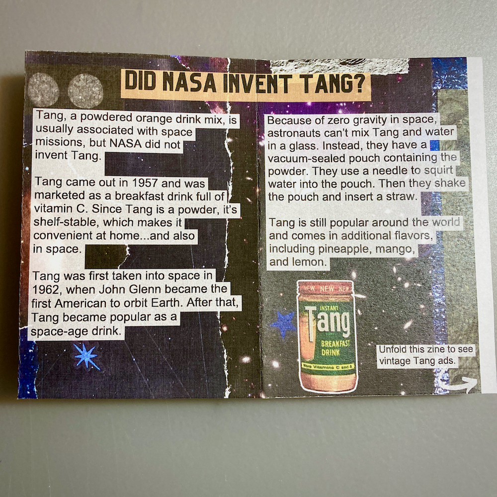 A page spread of a zine about astronaut food. The text discusses the invention of Tang and its connection to NASA, featuring a Tang breakfast drink illustration and space-themed background.